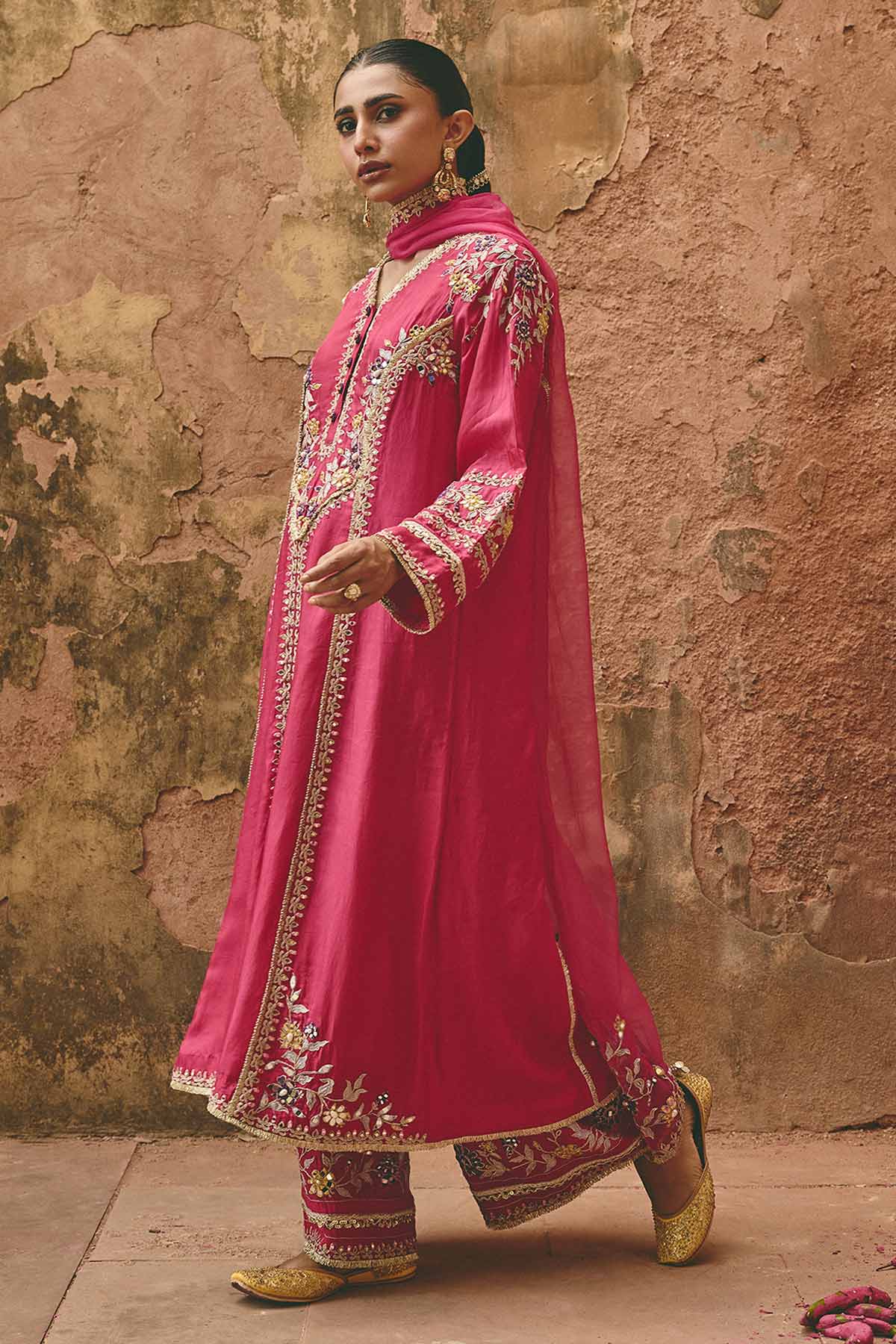 Pink Bamboo Silk Zari Kurta Set