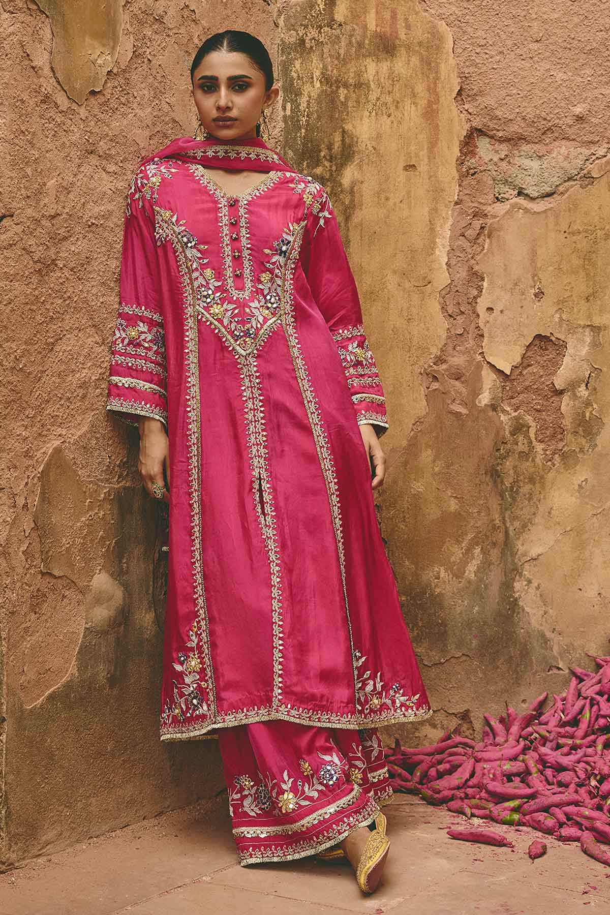 Pink Bamboo Silk Zari Kurta Set