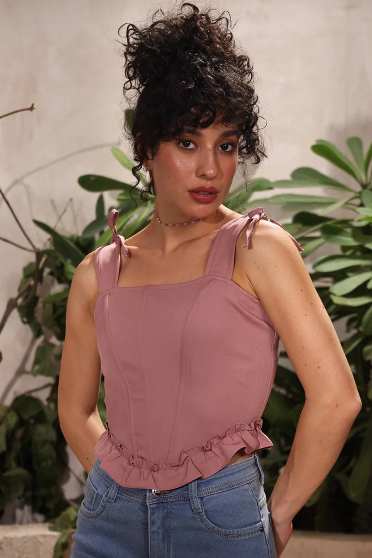 Pink Banana Crepe Lace Crop Top