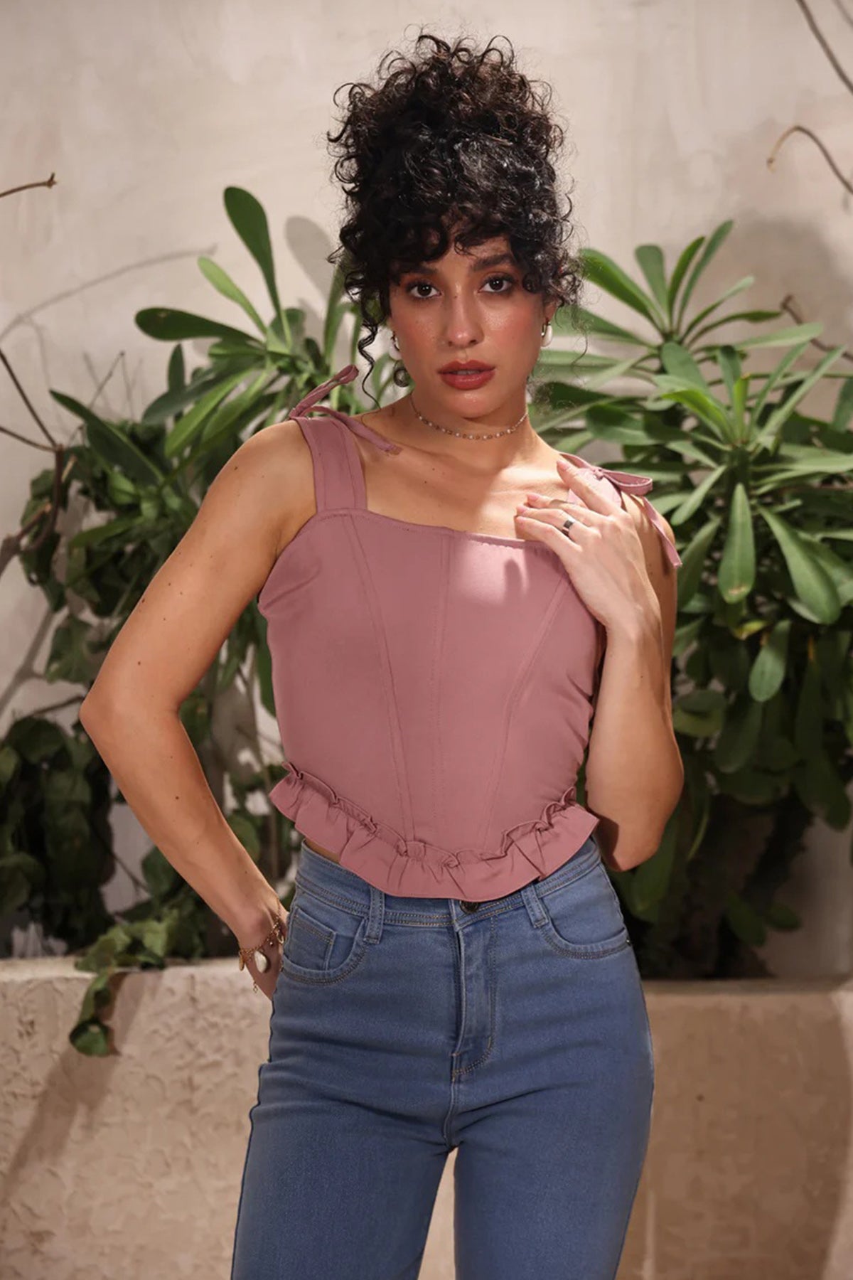 Buy Pink Banana Crepe Lace Crop Top for women online available at ScrollnShops