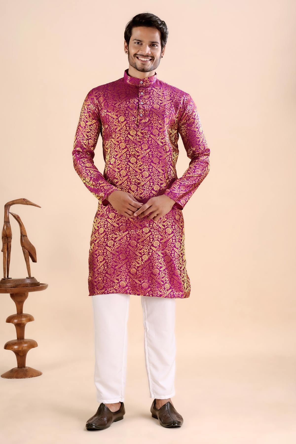Buy Pink Banarasi Jacquard Kurta for men by Aastha Fashion online available at scrollnshops