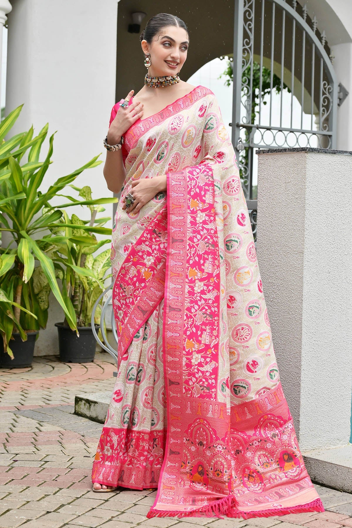 Buy Pink Banarasi Silk Woven Saree for women by Lili Lala Designer online available at scrollnshops