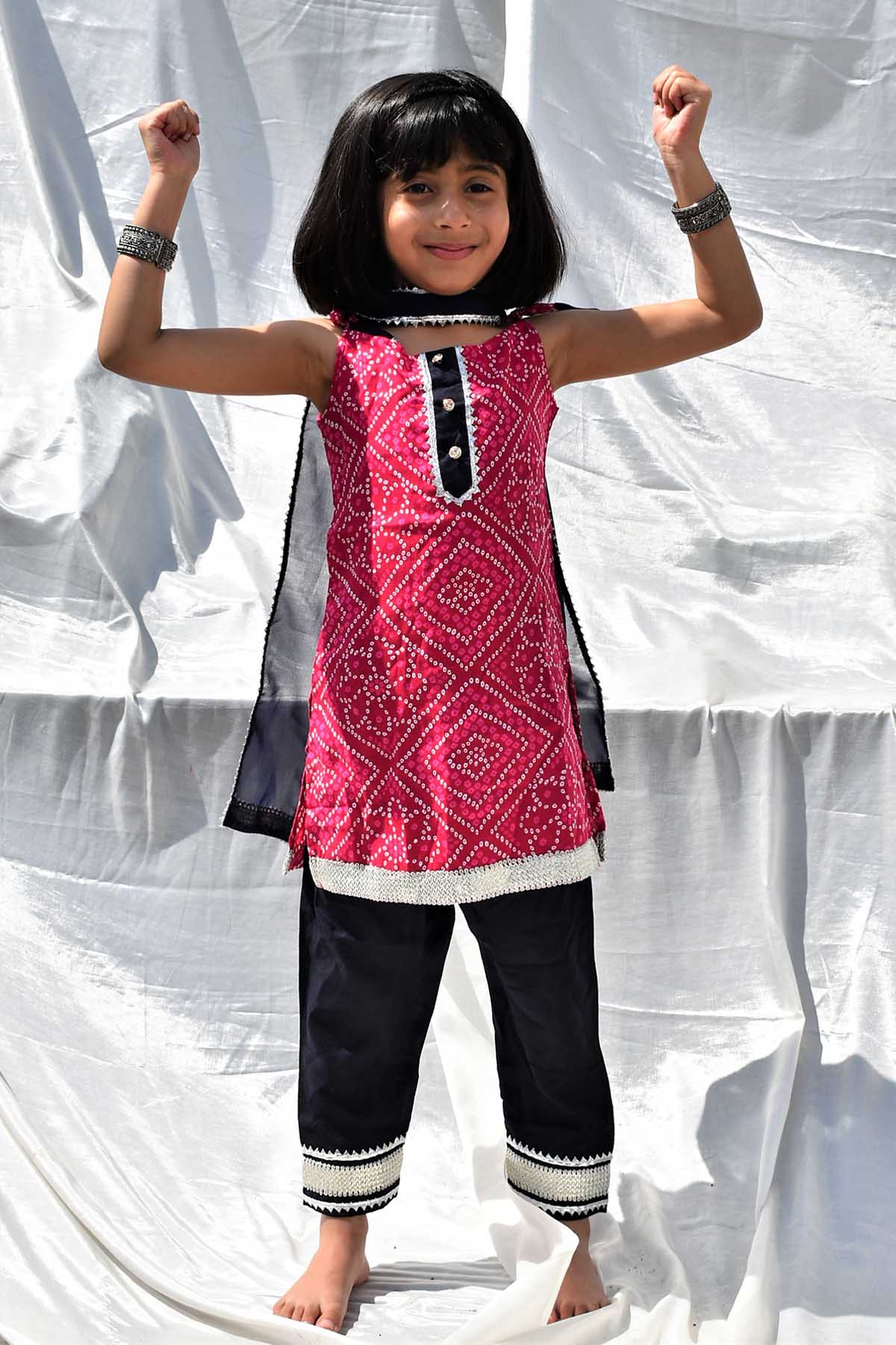 Designer ViYa Pink Bandhani Kurta & Pyjama Set For Kids Available online at ScrollnShops
