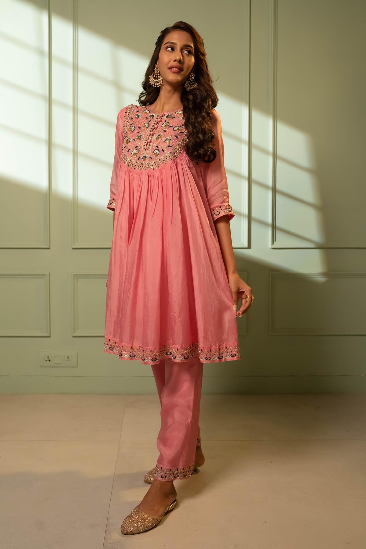 Pink Beads Embroidered Kurta Set