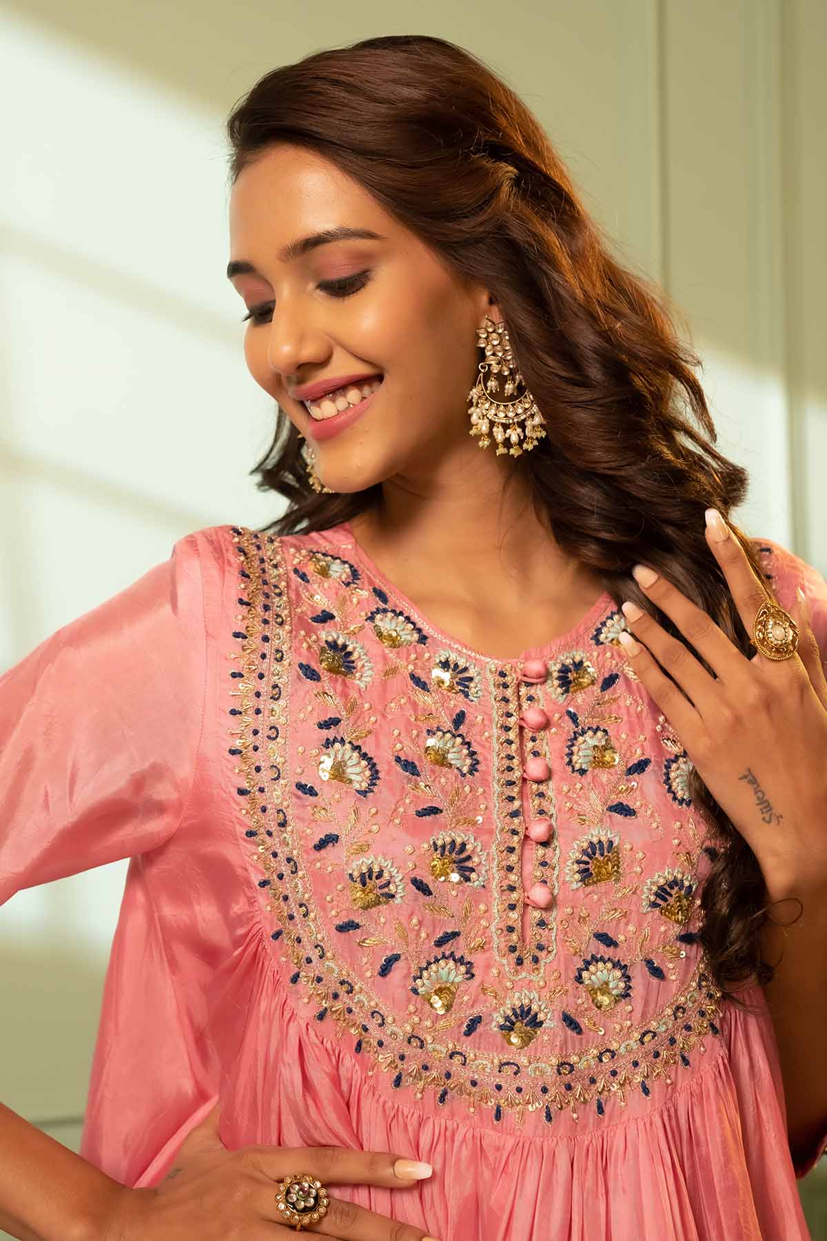 Pink Beads Embroidered Kurta Set