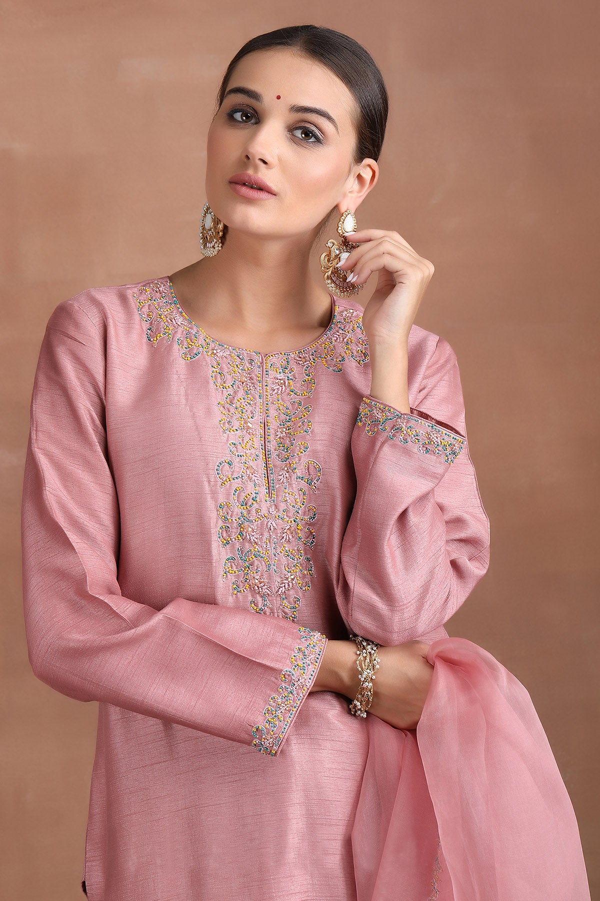 Pink Beads Straight Kurta Set