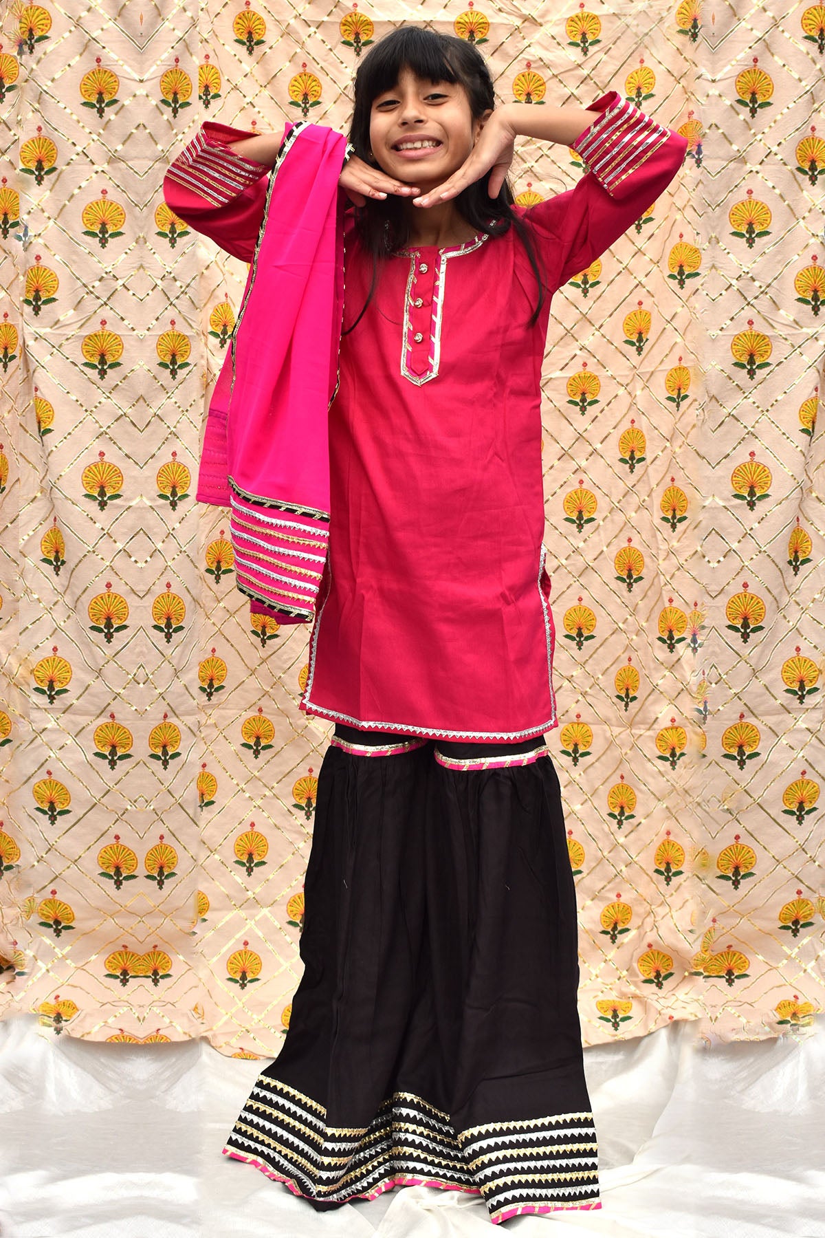 Pink & Black Cotton Kurta Set