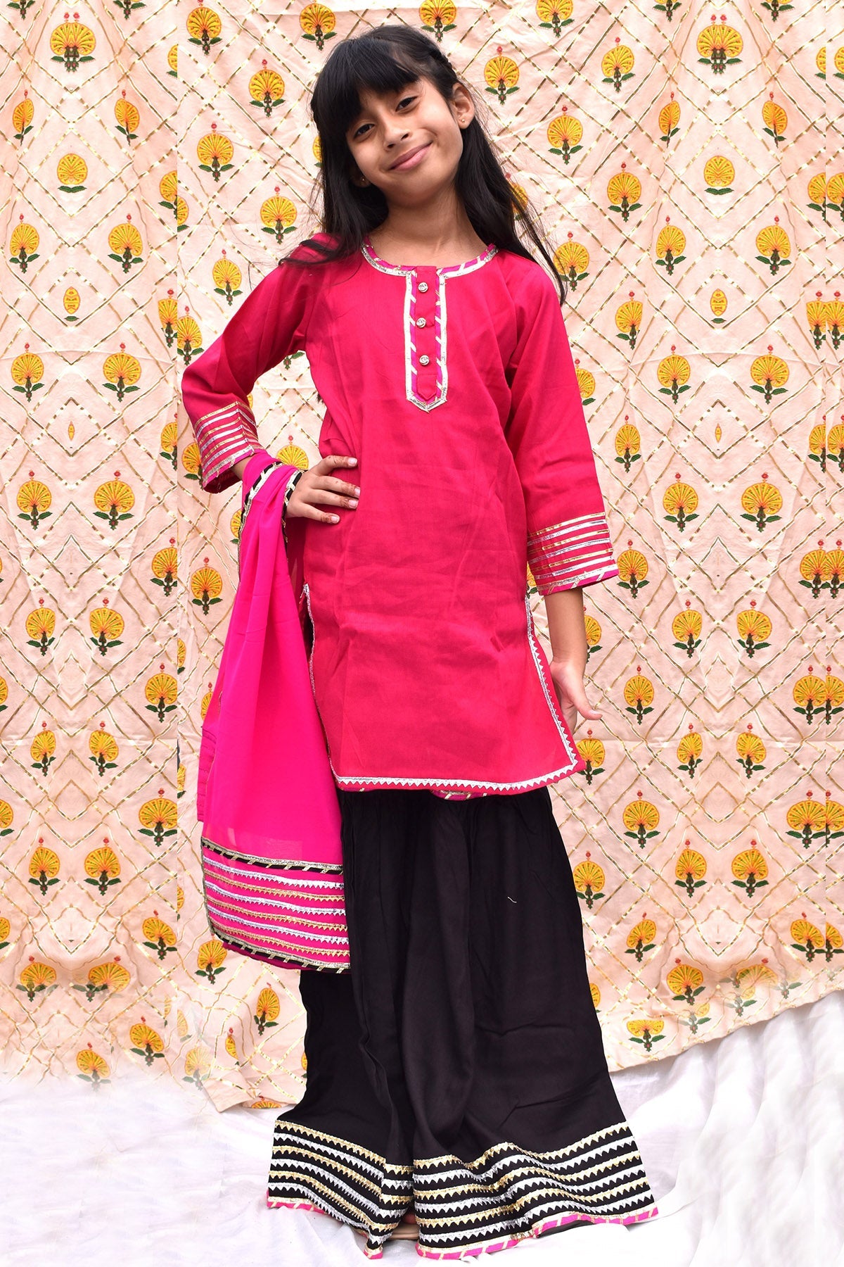 Buy Pink & Black Cotton Kurta Set for Kids by ViYa online available at scrollnshops
