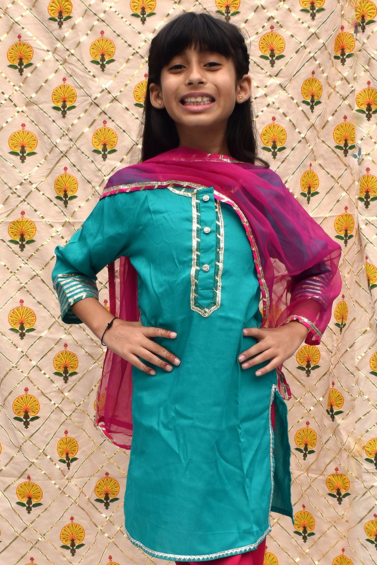 Pink & Blue Cotton Kurta Set