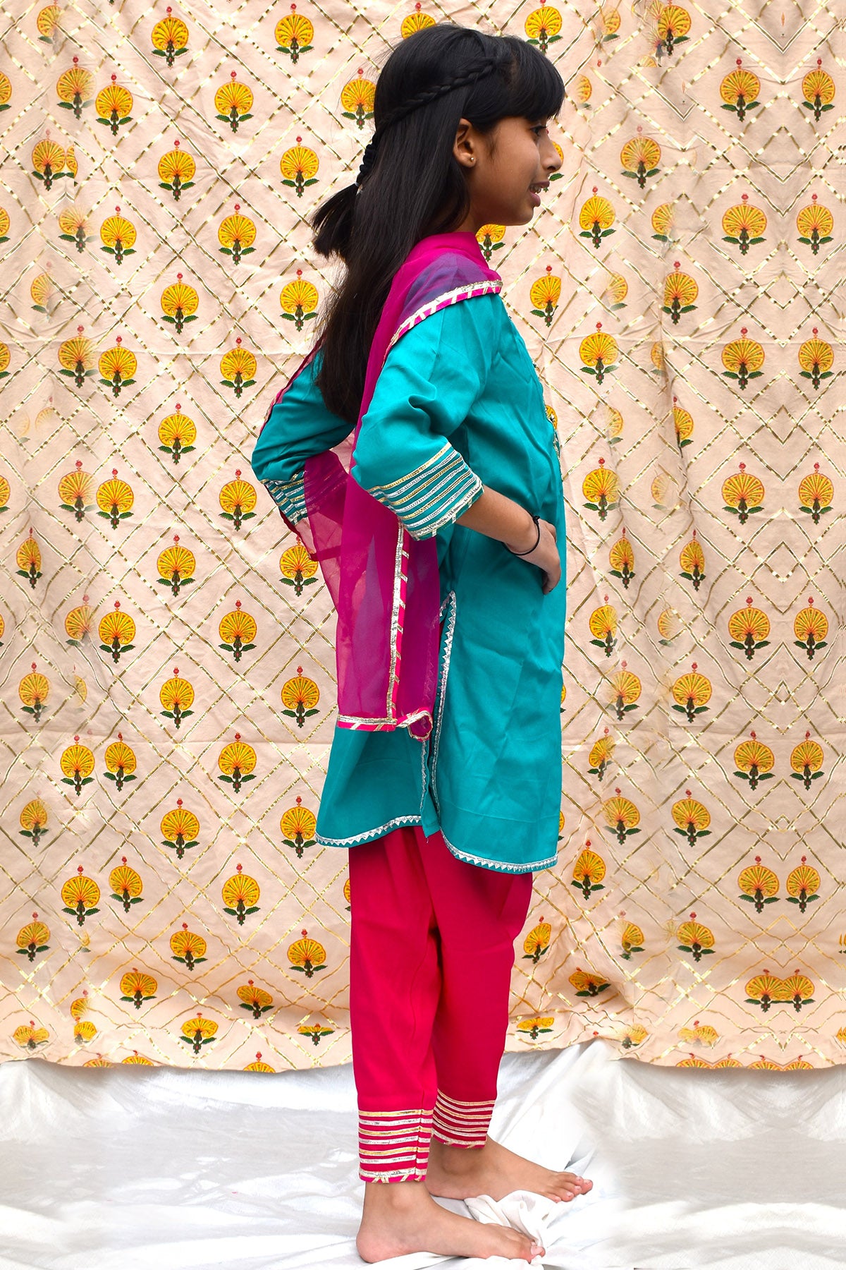 Pink & Blue Cotton Kurta Set