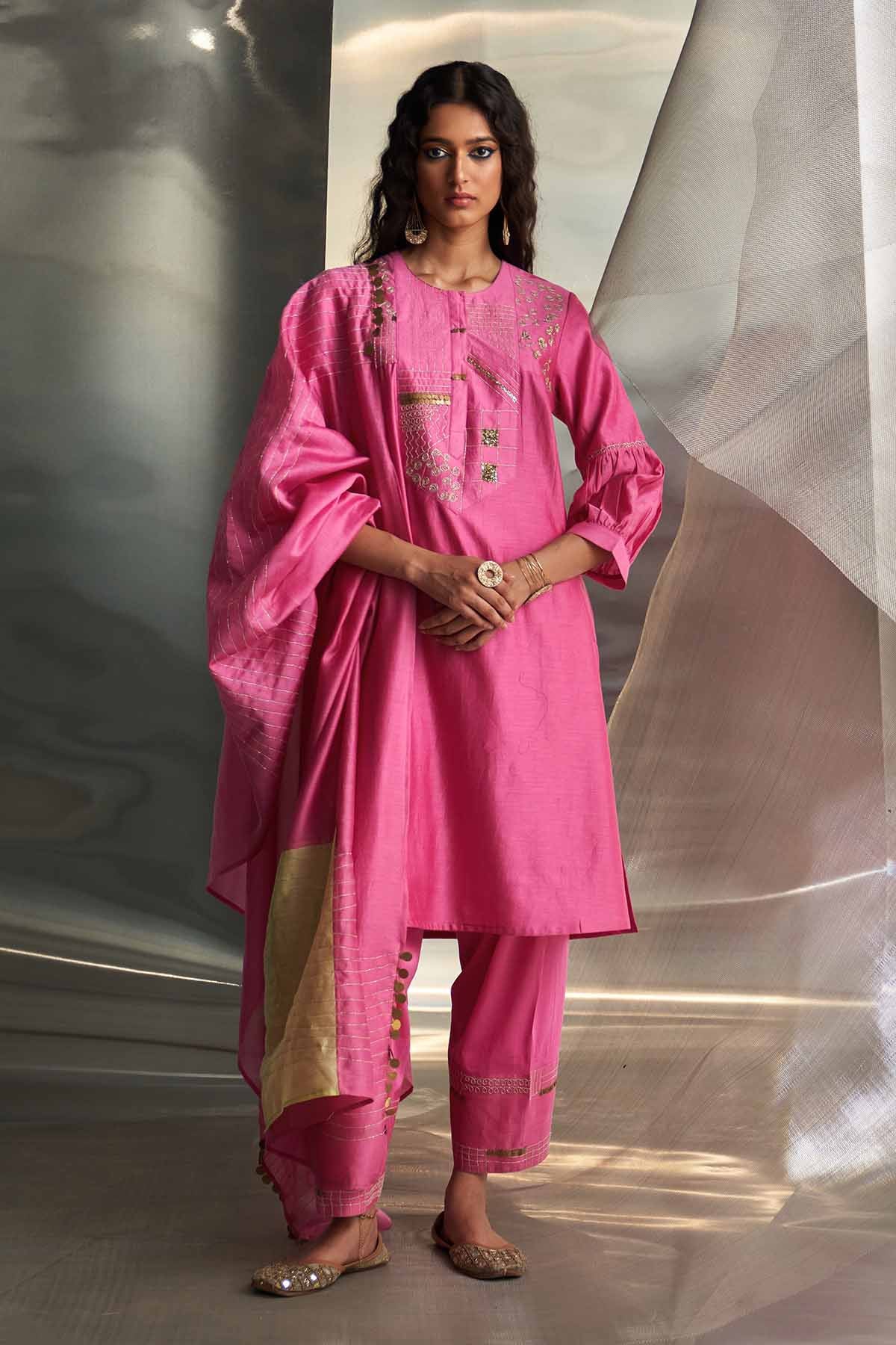 Buy Pink Booti Embellished Kurta Set by Charkhee Misr for women online at ScrollnShops