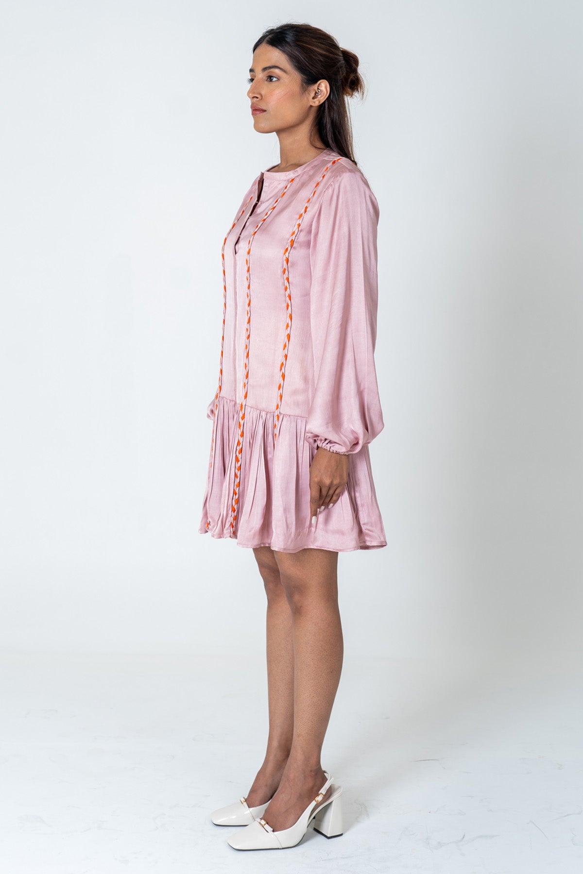 Pink Braid Gathered Mini Dress