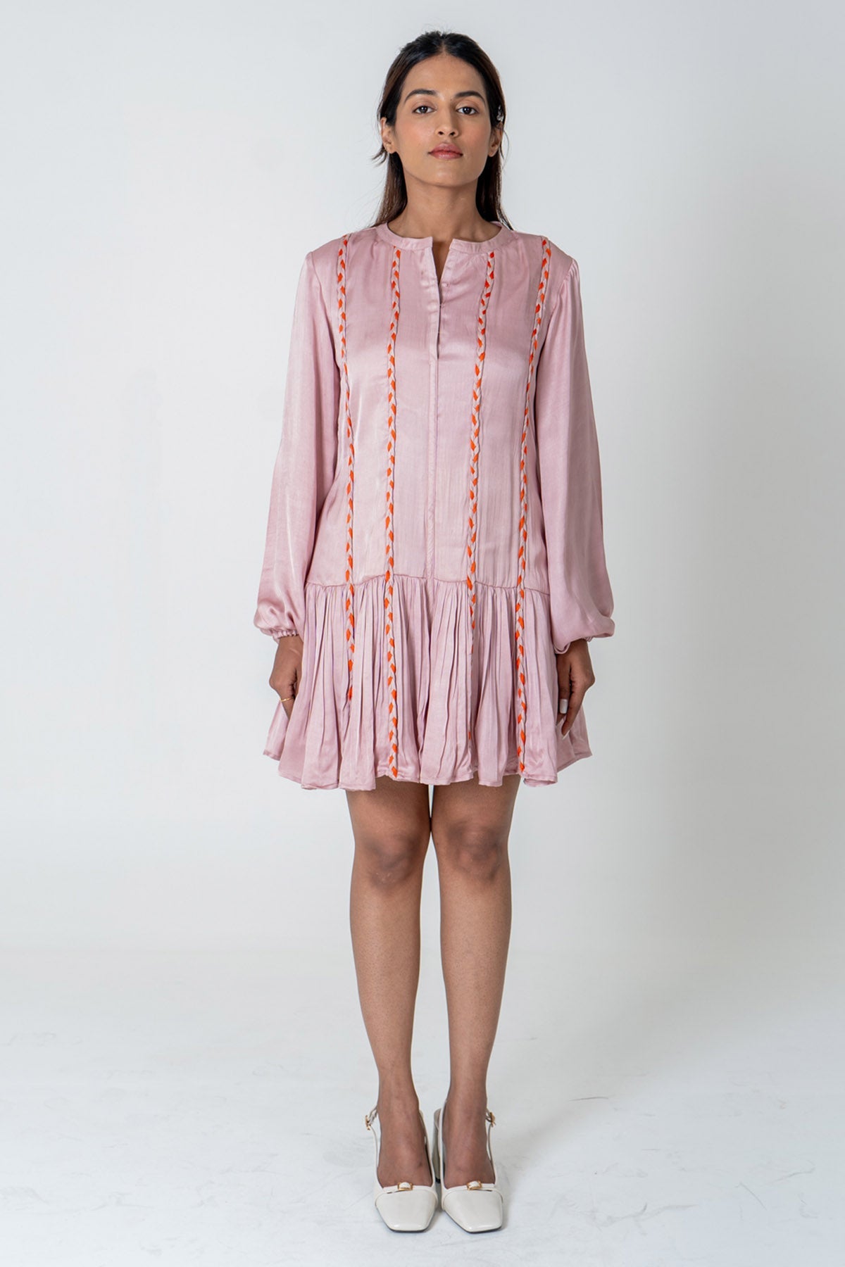 Neora by Nehal Chopra Pink Braid Gathered Mini Dress for women online at ScrollnShops