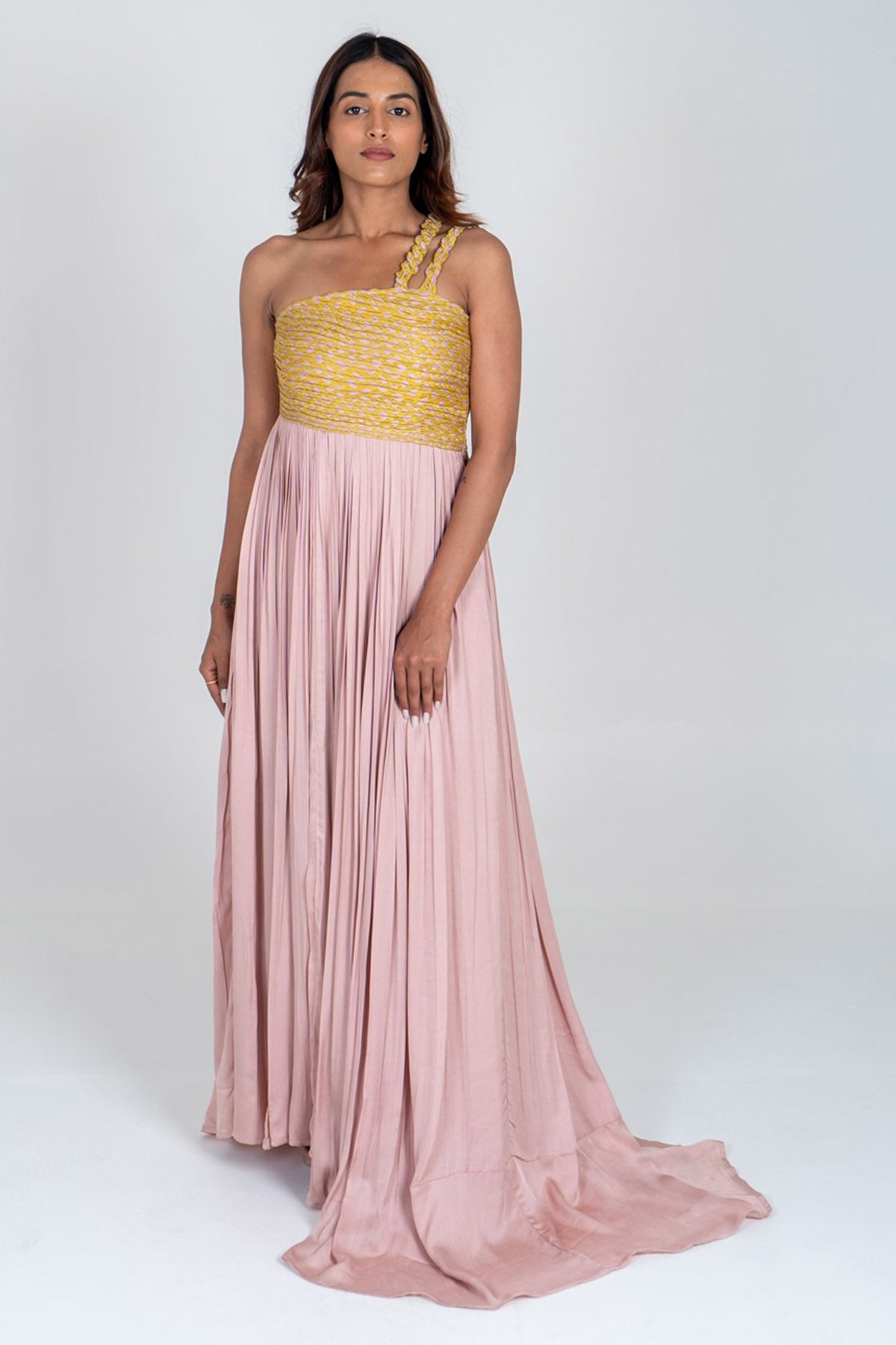 Neora by Nehal Chopra Pink Braided Gathered Gown for women online at ScrollnShops