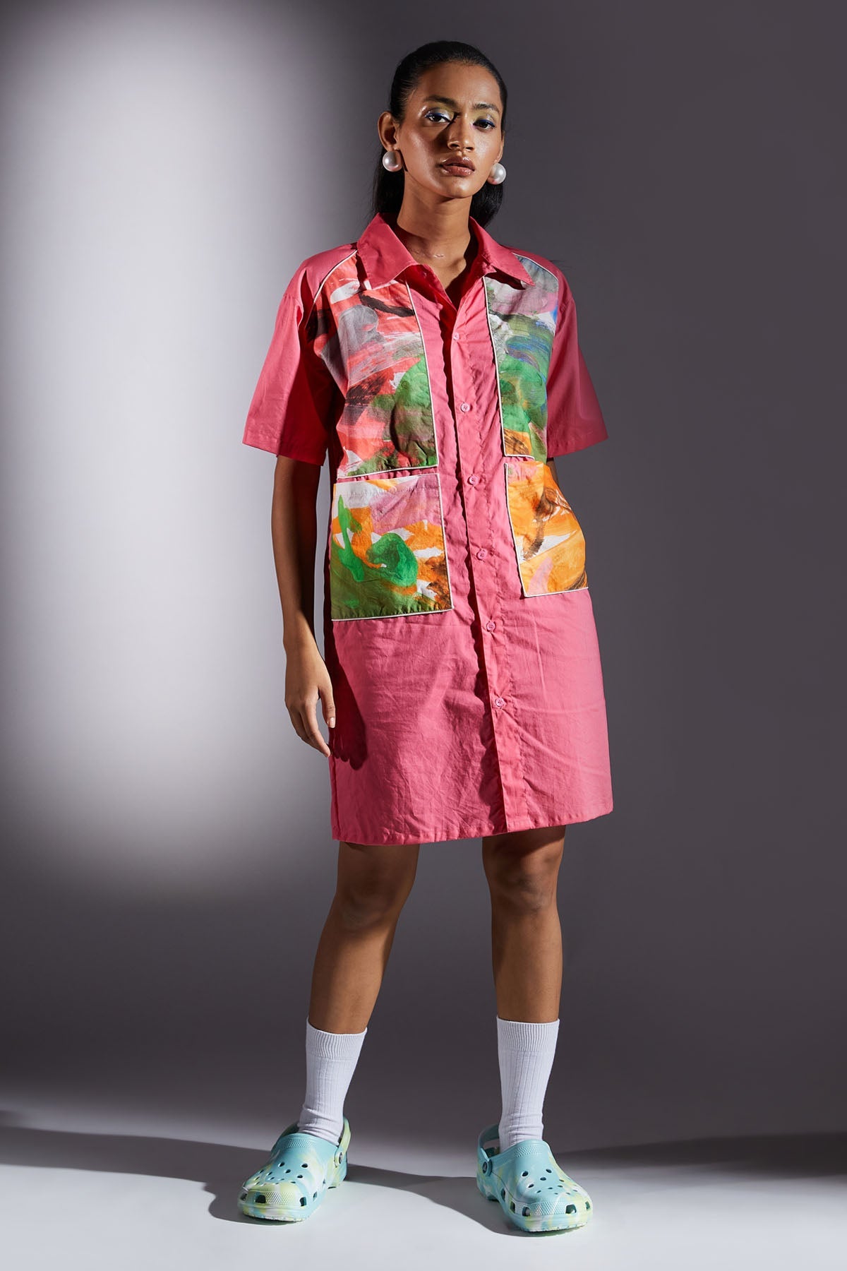 Pink Button Up Shirt Dress for women