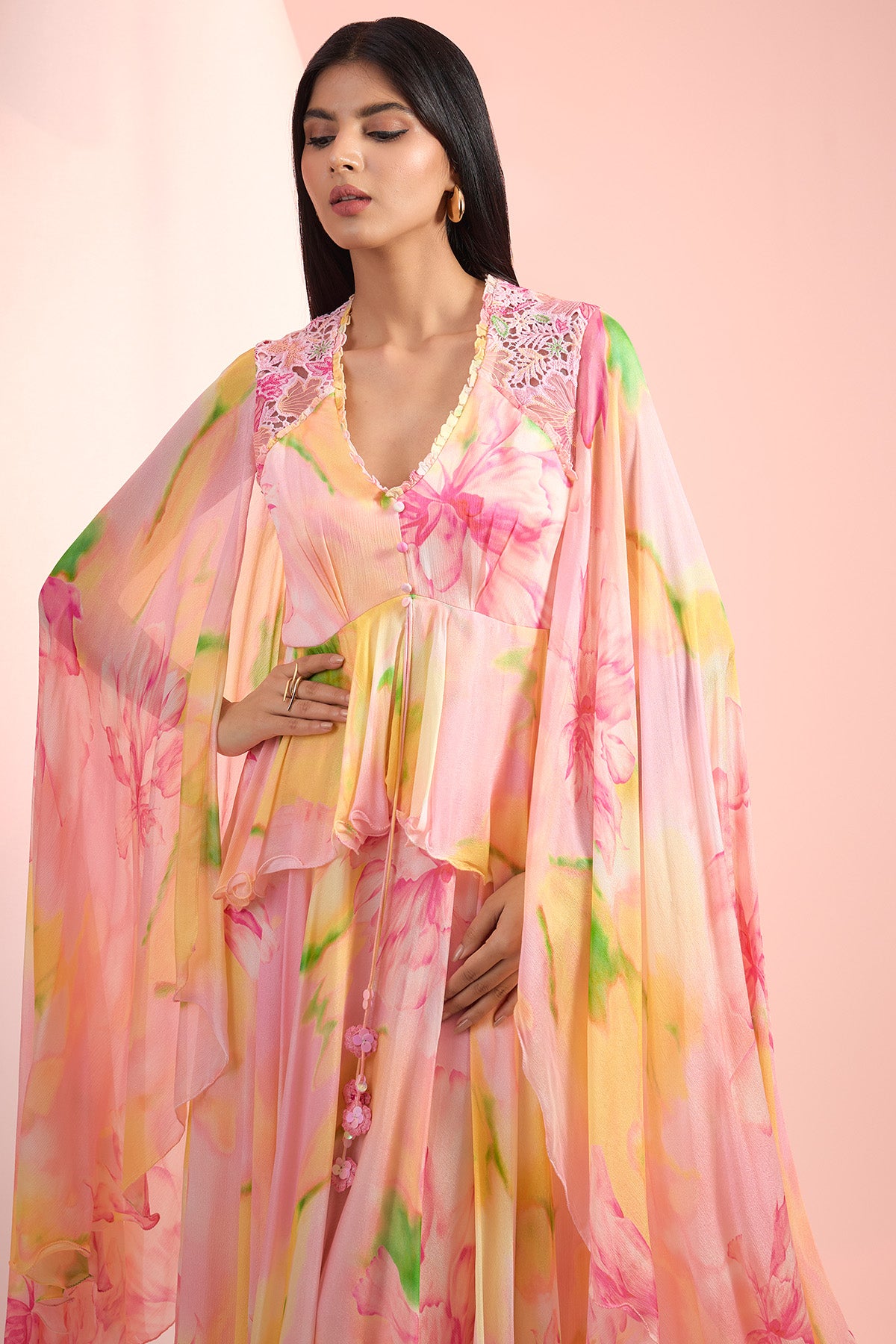 Pink Cape sleeves Maxi Dress