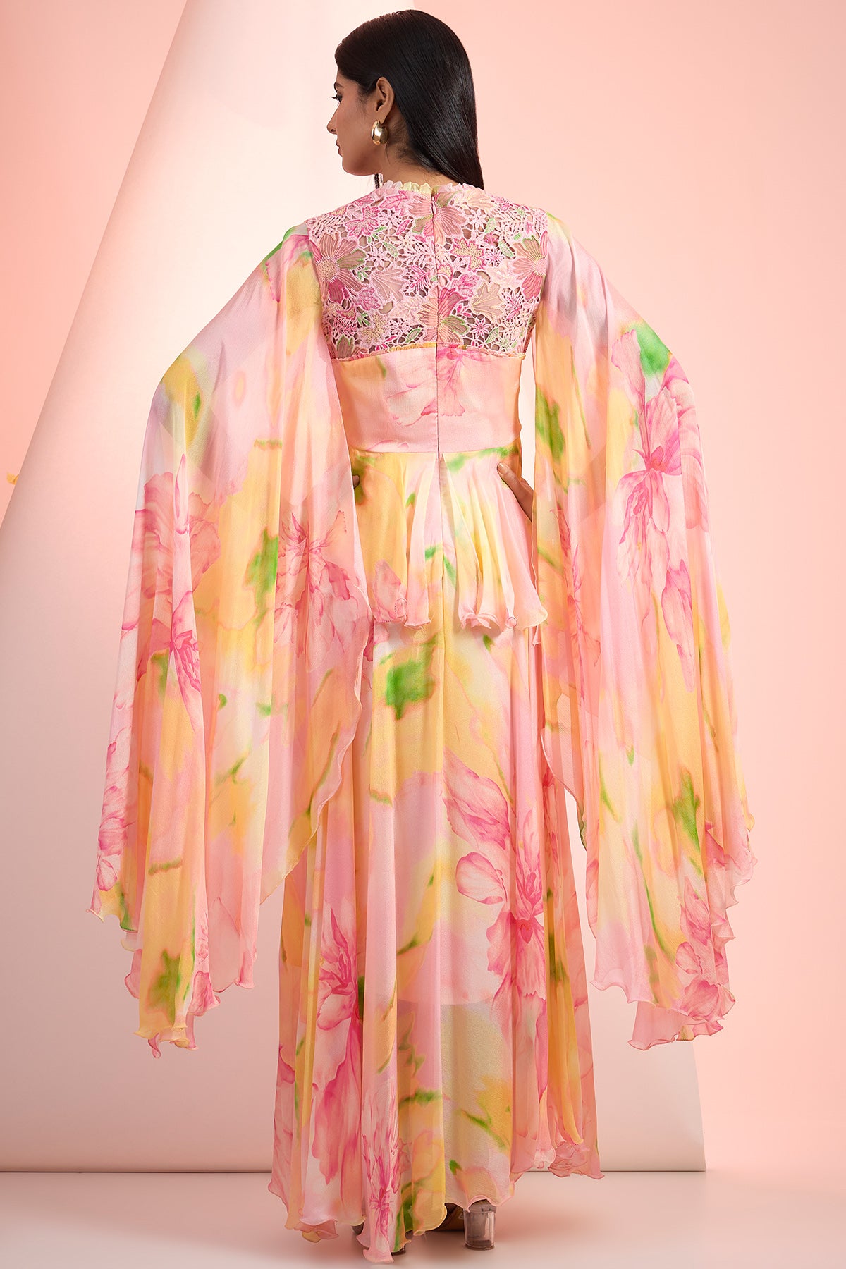 Pink Cape sleeves Maxi Dress