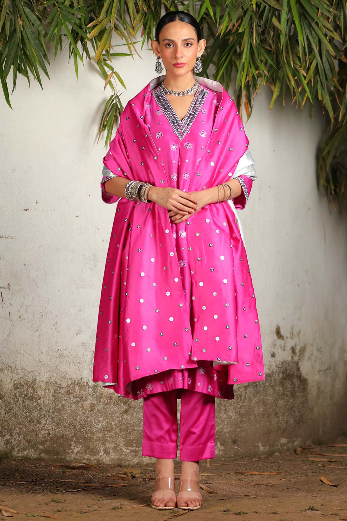 Pink Chanderi A-Line Kurta Set