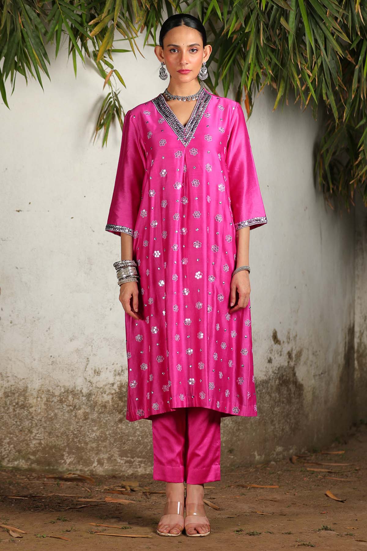 Pink Chanderi A-Line Kurta Set