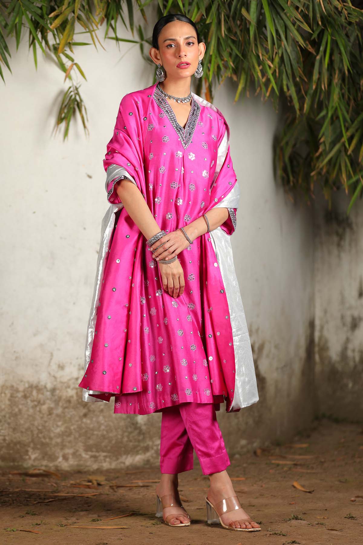 Saksham Neharicka Pink Chanderi A-Line Kurta Set for women online at ScrollnShops