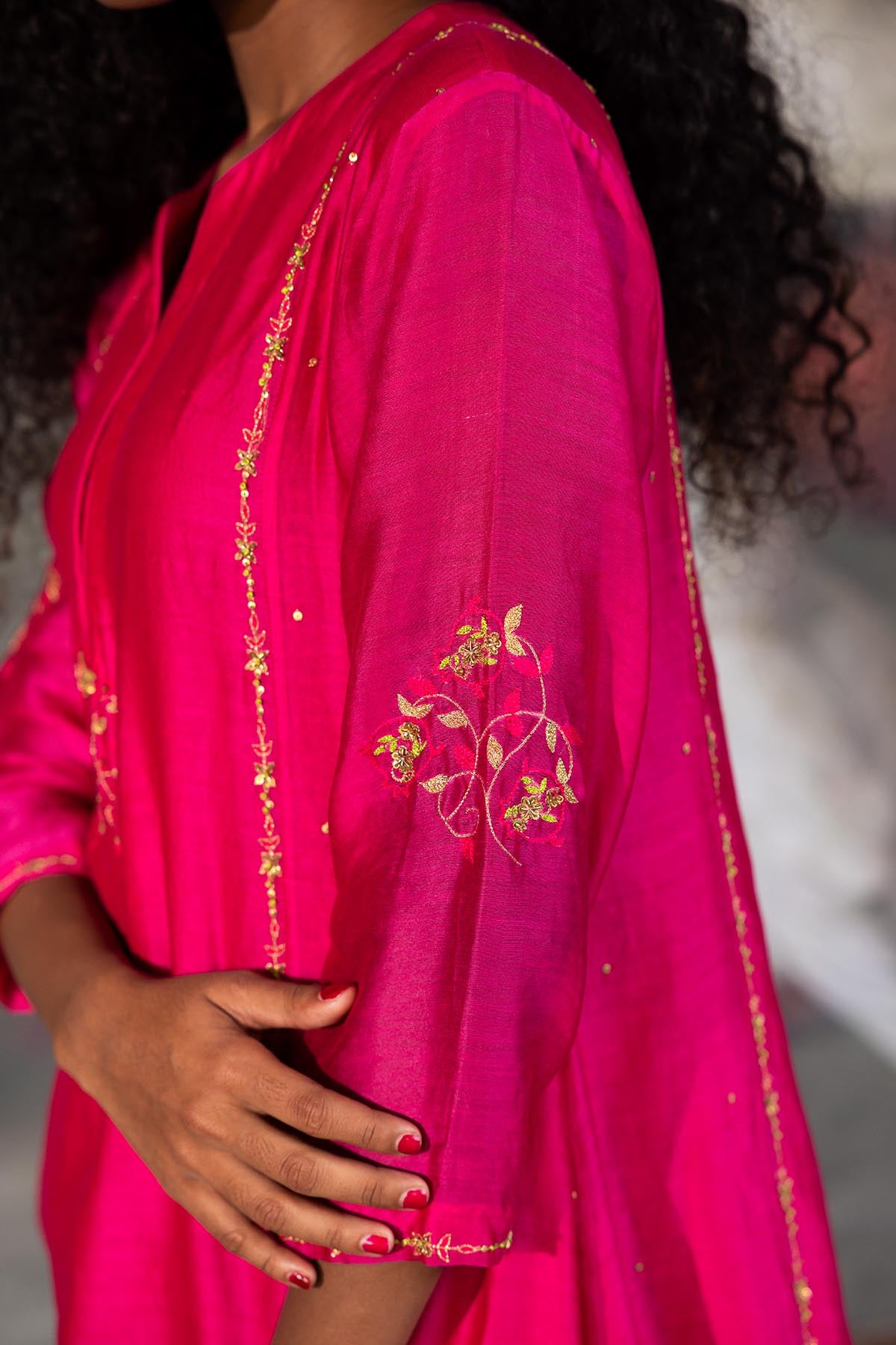 Pink Chanderi A-Line Long Kurta