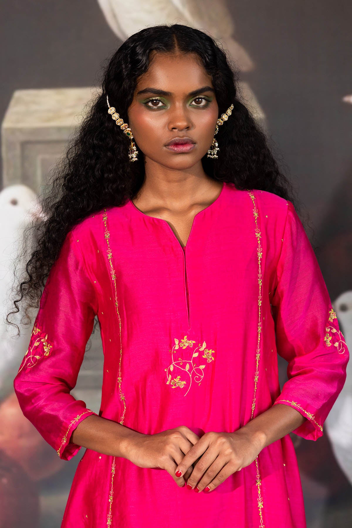 Pink Chanderi A-Line Long Kurta