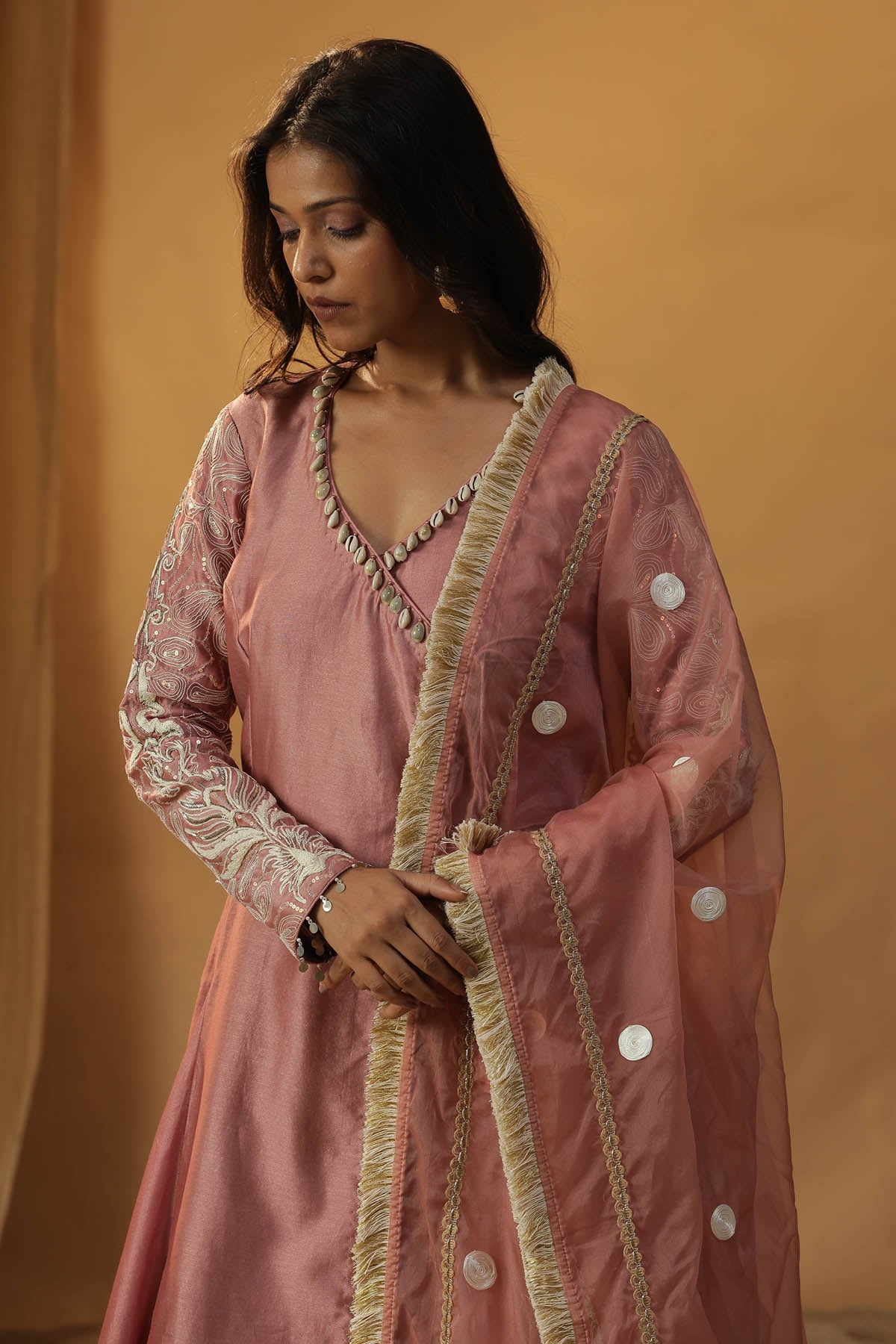 Pink Chanderi Angrakha Kurta Set
