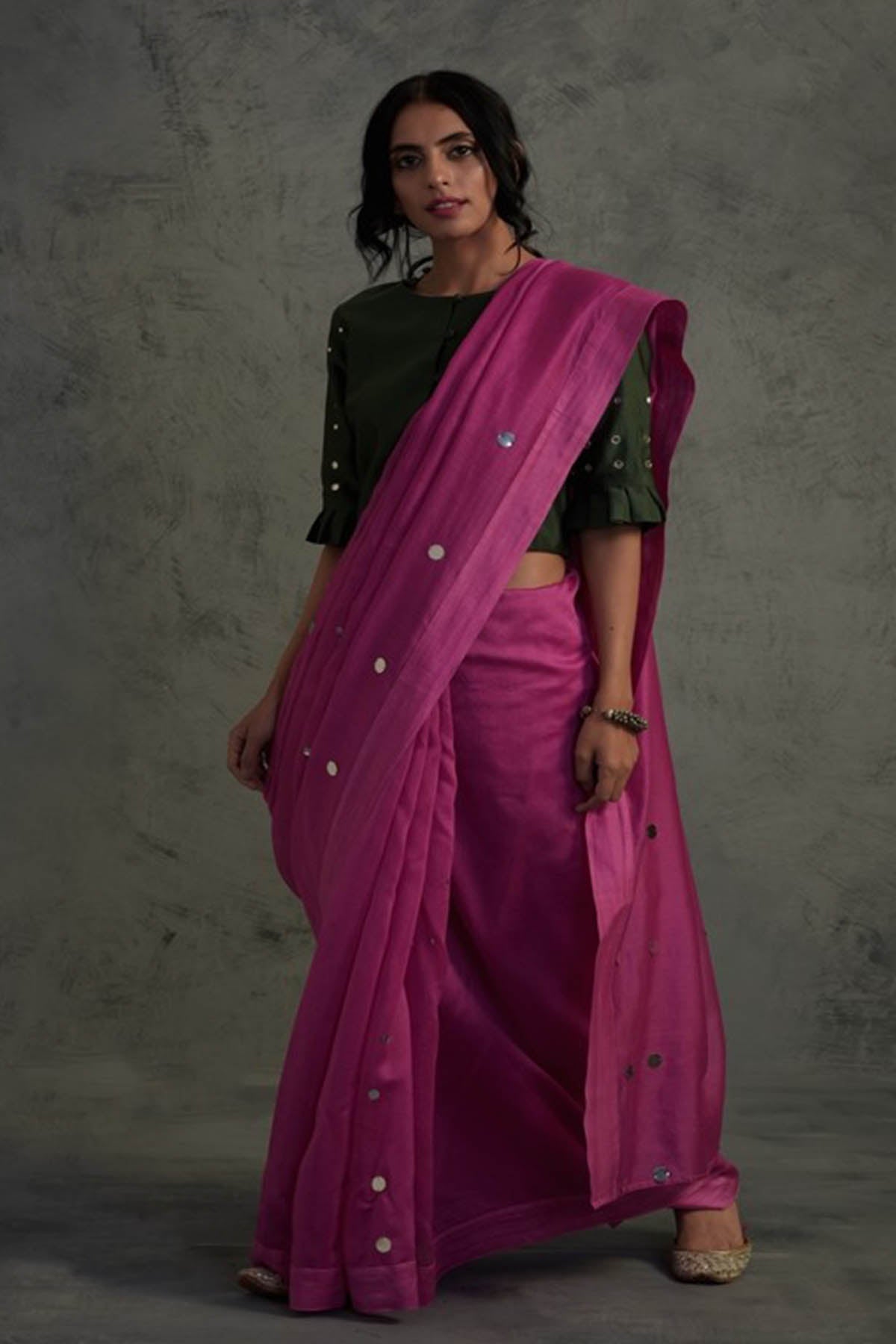 Buy Pink Chanderi Embellished Saree by Charkhee for women online at ScrollnShops