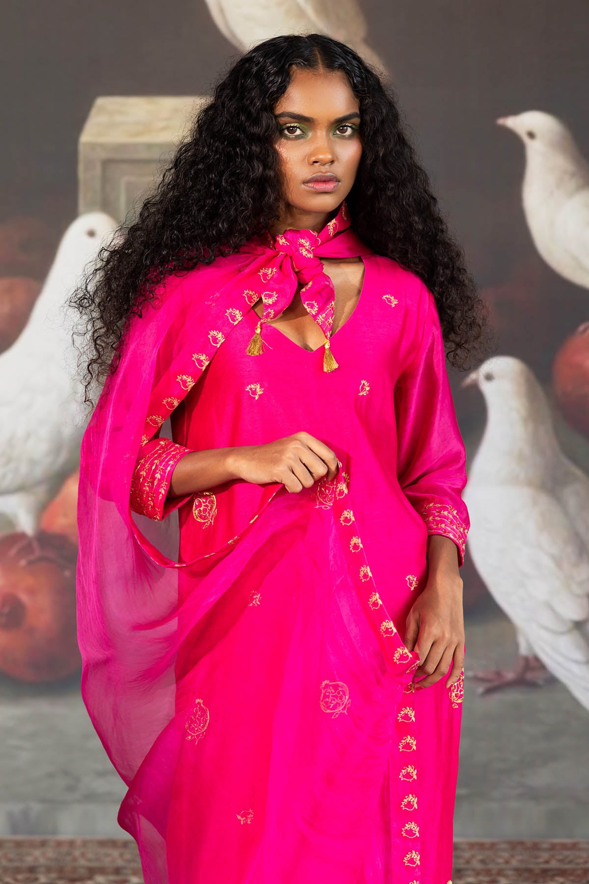 Pink Chanderi Embroidered Kurta