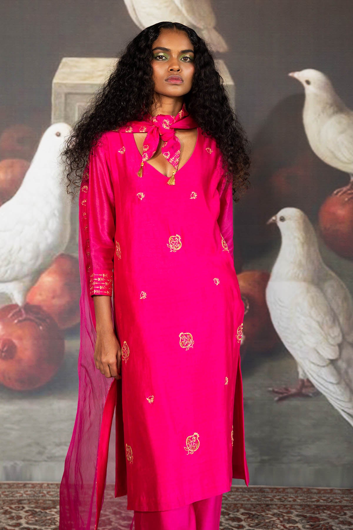 Pink Chanderi Embroidered Kurta