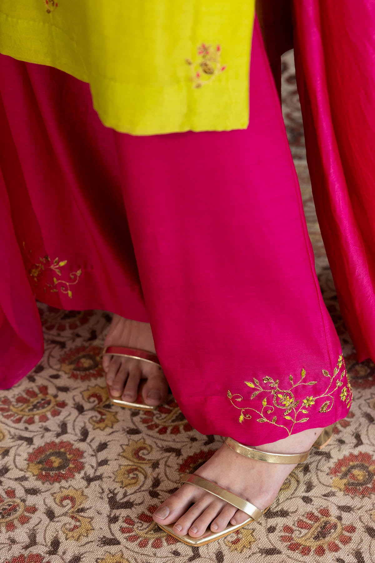 Pink Chanderi Embroidered Pants