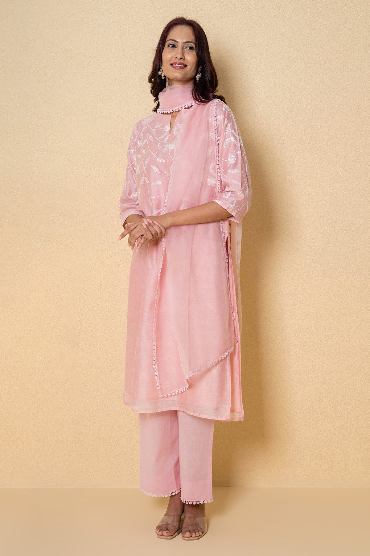 Pink Chanderi Floral Kurta Set
