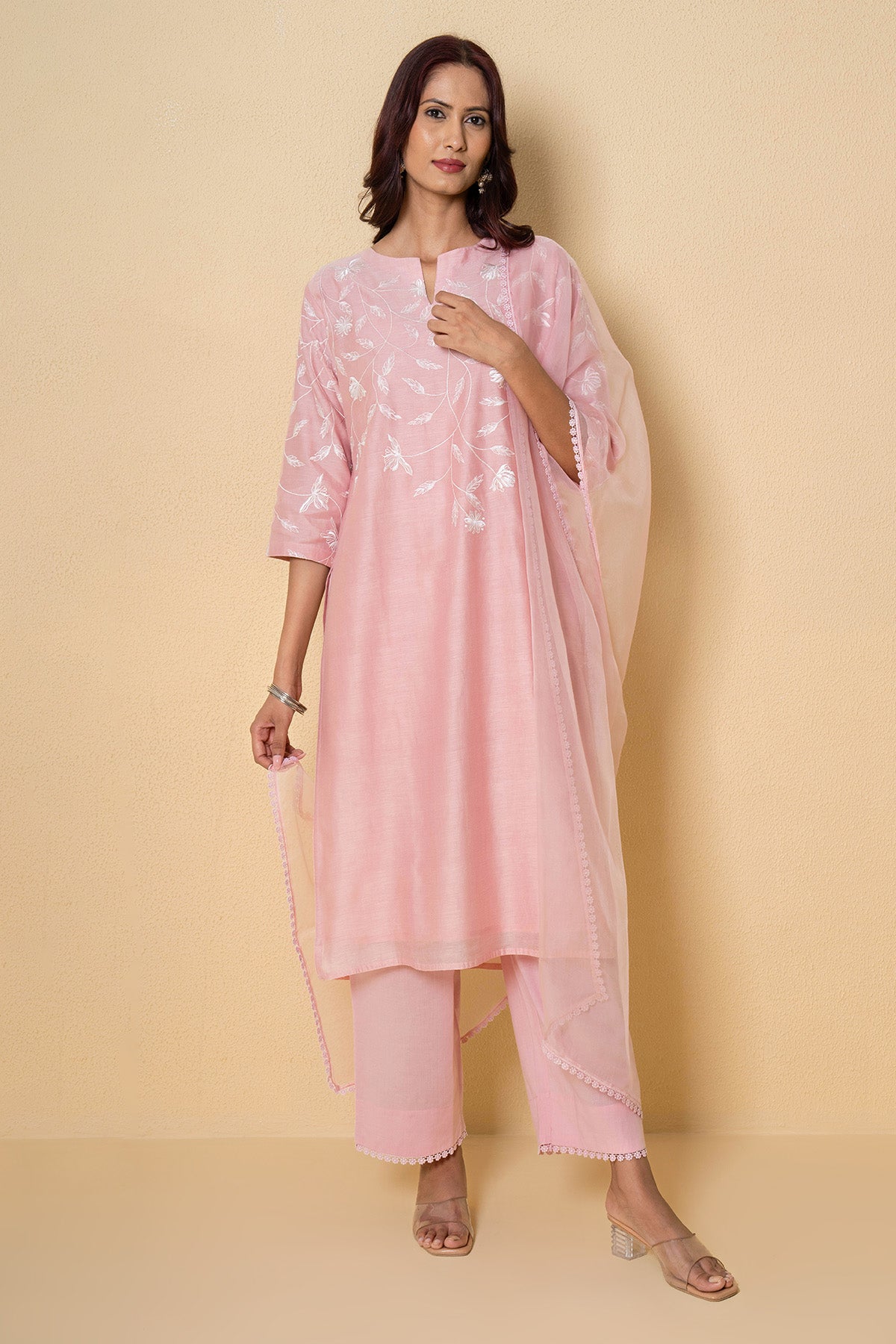 Buy Pink Chanderi Floral Kurta Set for Women Online at ScrollnShops