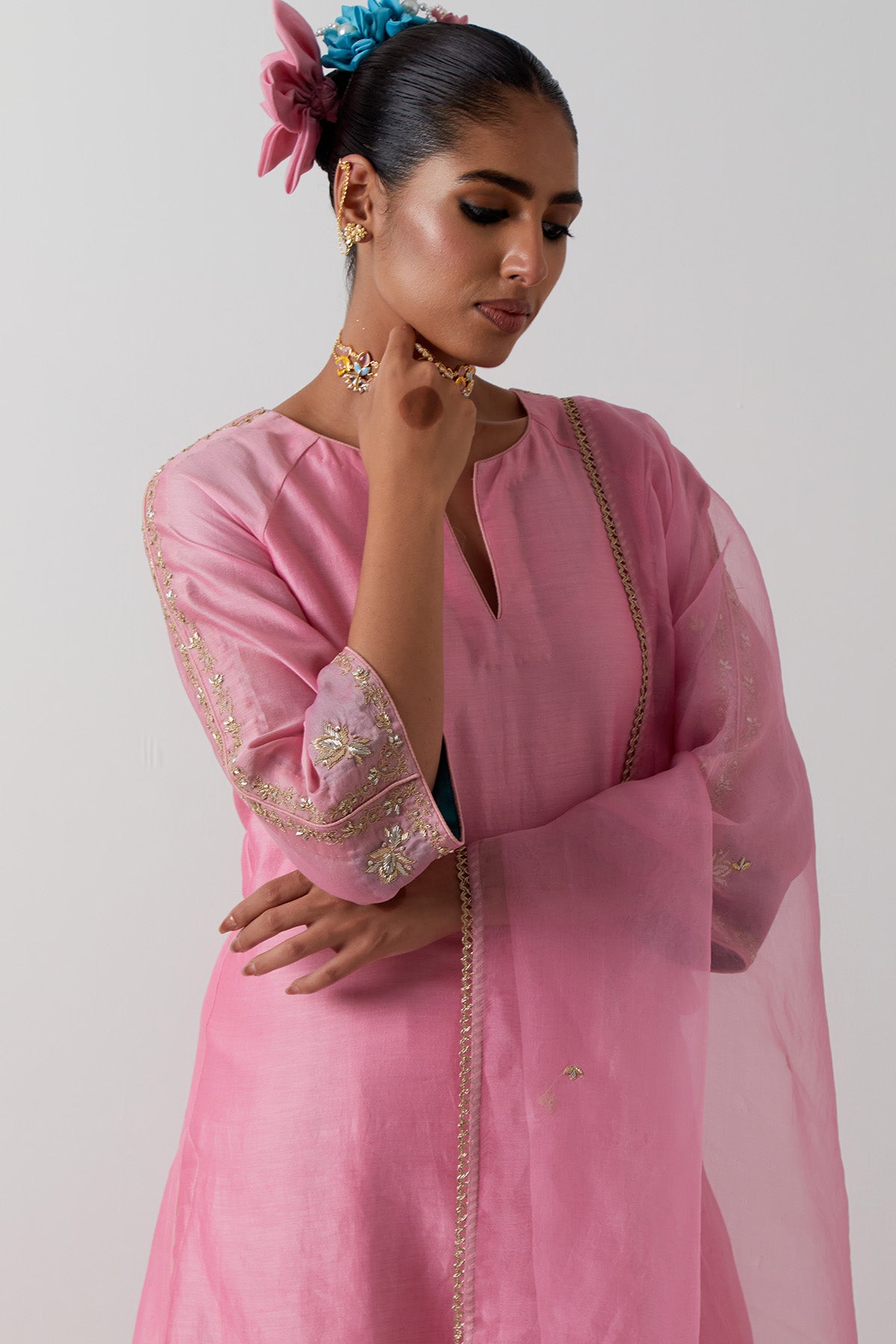 Pink Chanderi & Katan Kurta Set