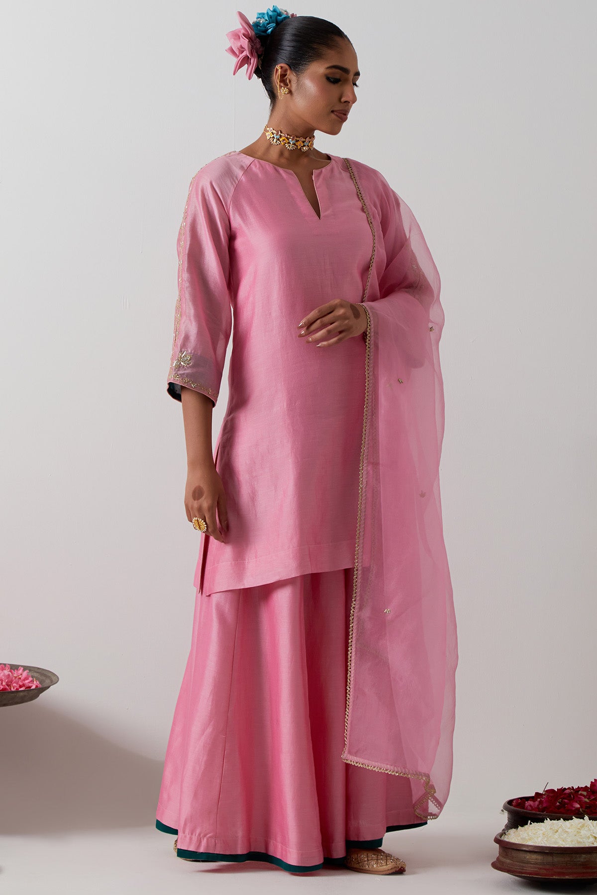 Pink Chanderi & Katan Kurta Set