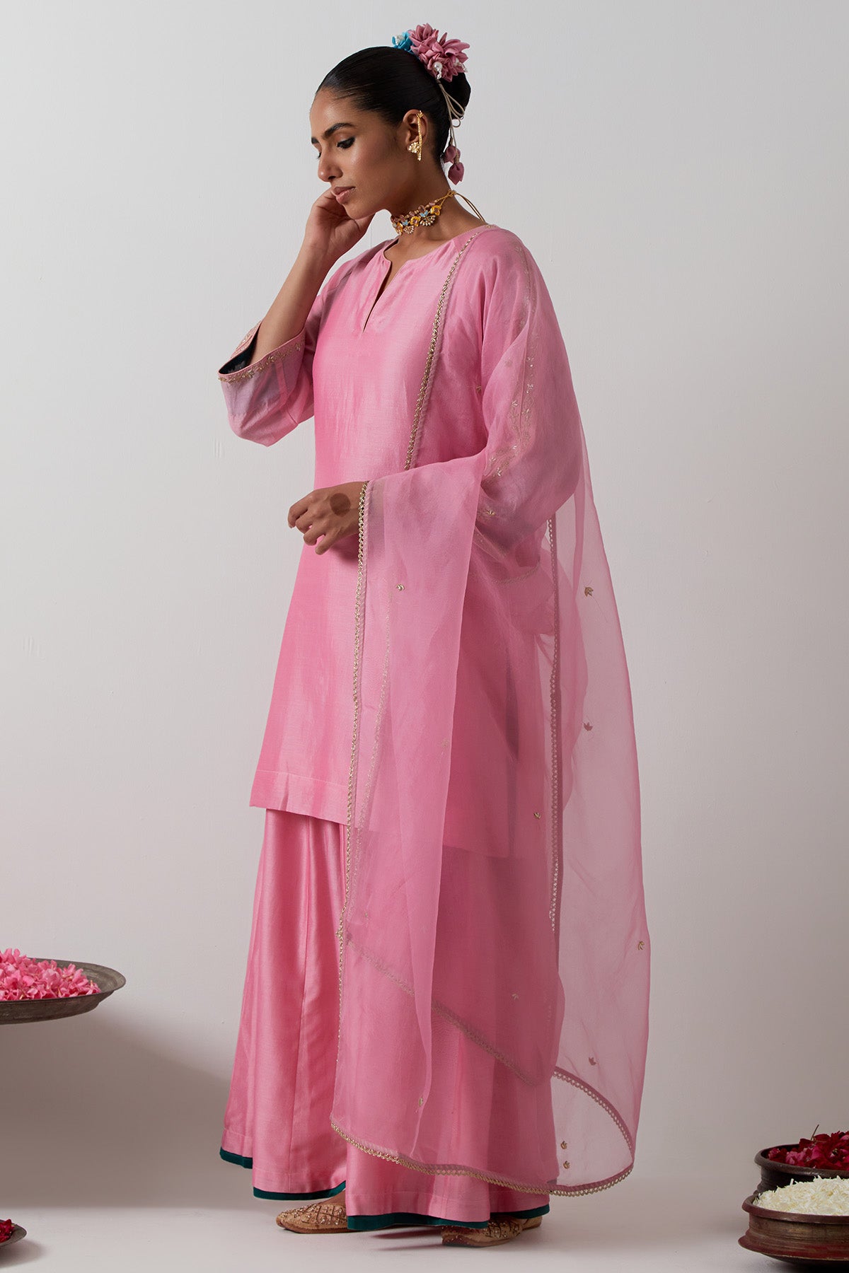 Pink Chanderi & Katan Kurta Set