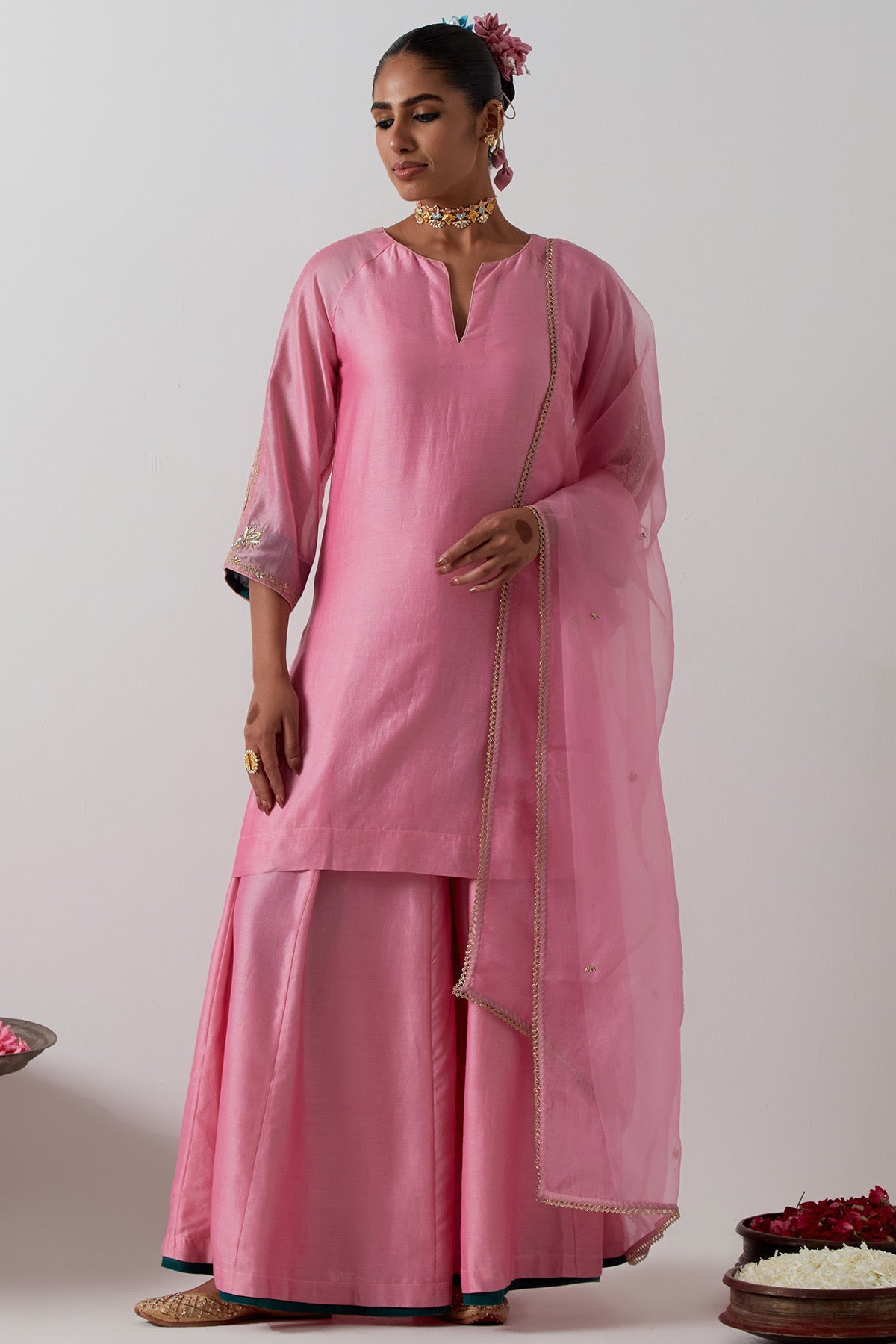 Buy Pink Chanderi & Katan Kurta Set for women by Vinusto online available at scrollnshops