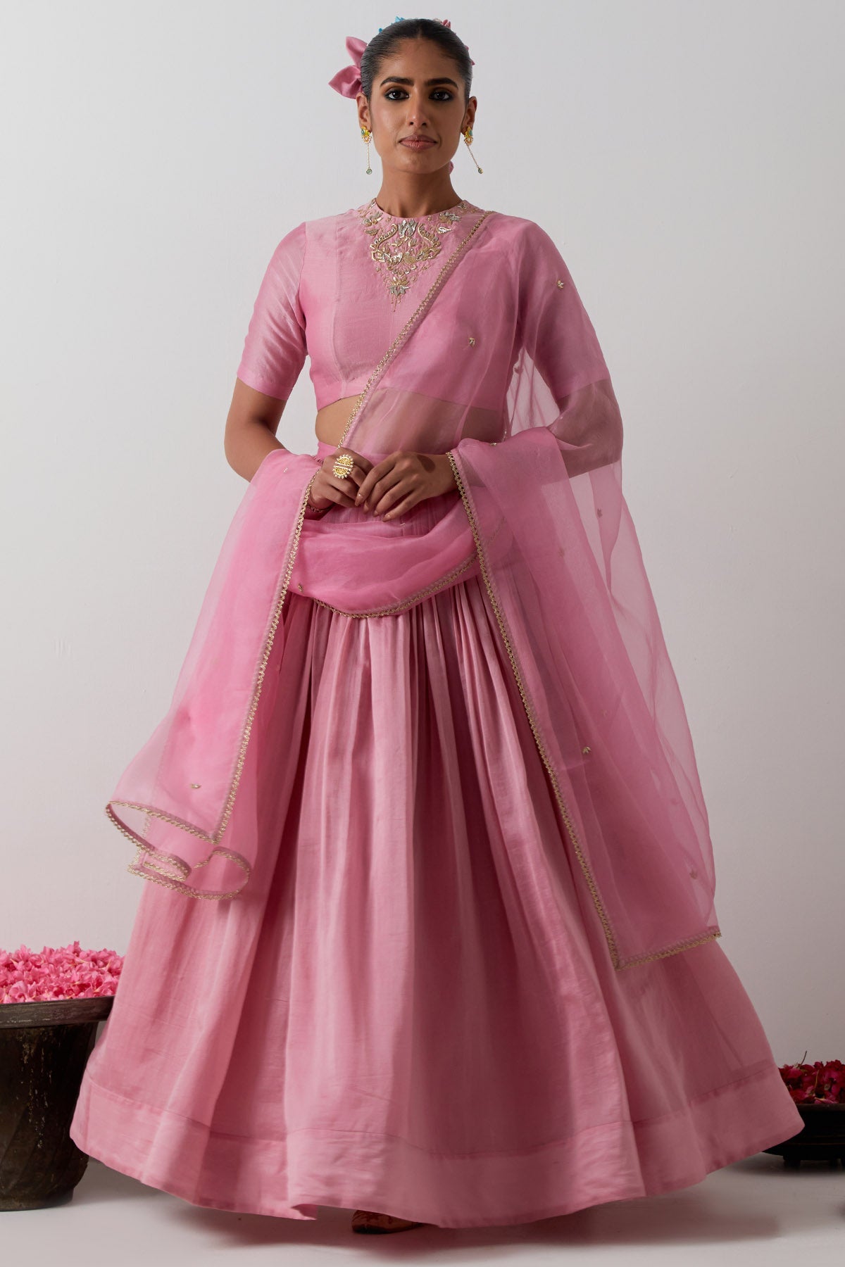 Buy Pink Chanderi Katan Lehenga Set for women by Vinusto online available at scrollnshops