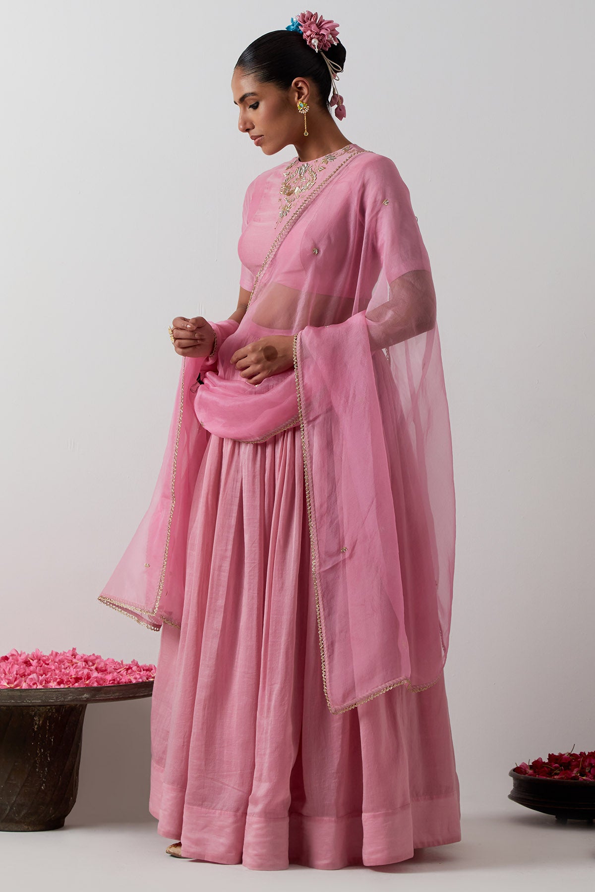 Pink Chanderi Katan Lehenga Set