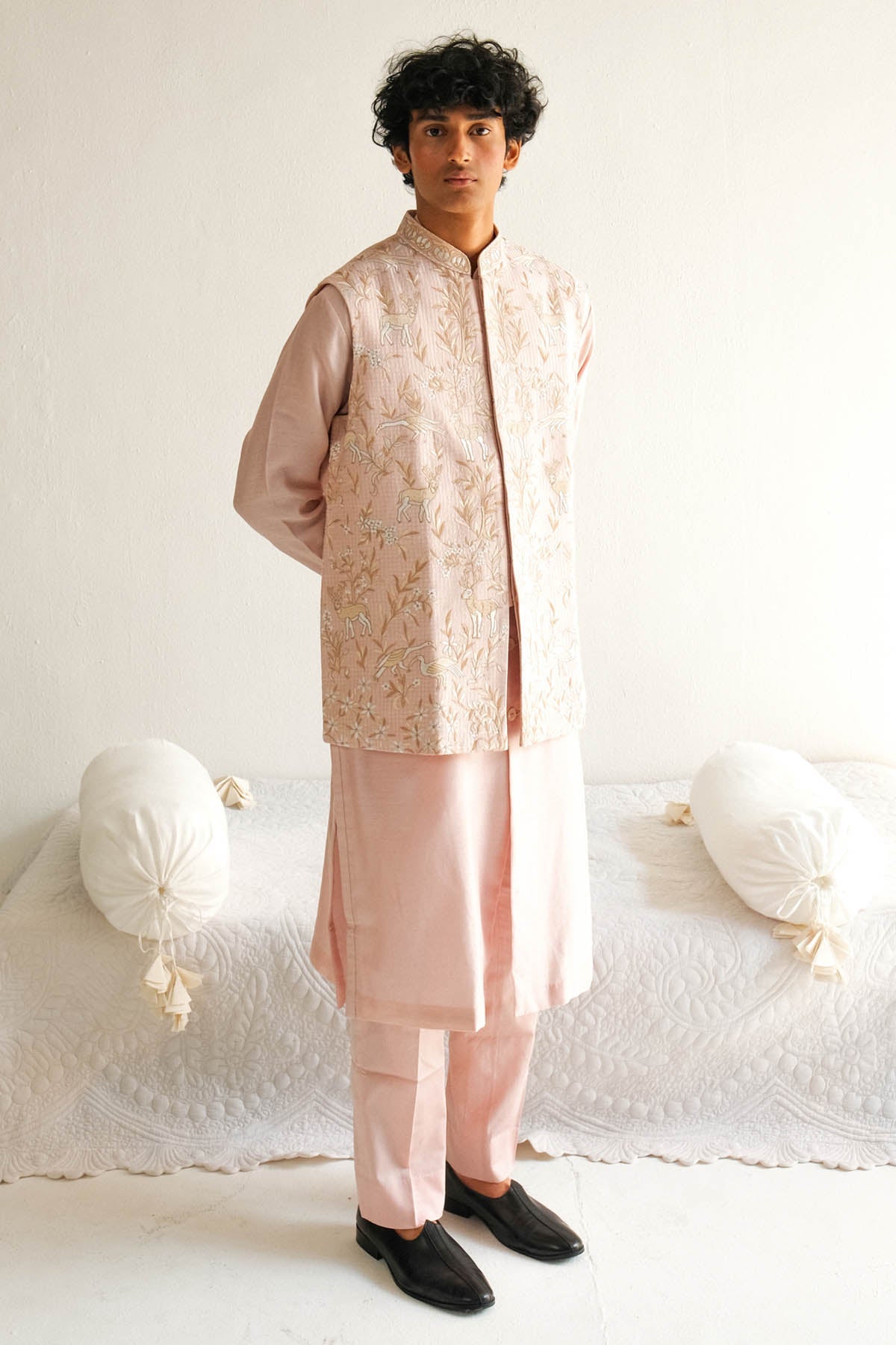 WABI SABI Pink Chanderi Kurta Set & Bundi for men online at ScrollnShops