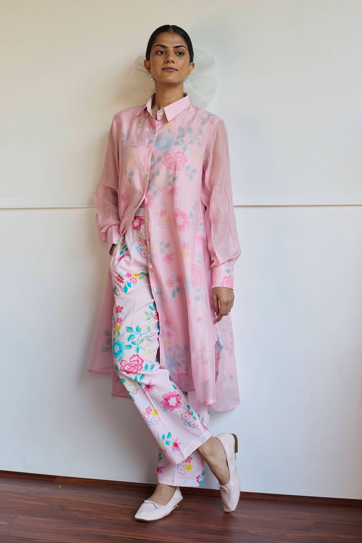Pink Chanderi Long Shirt & Pants