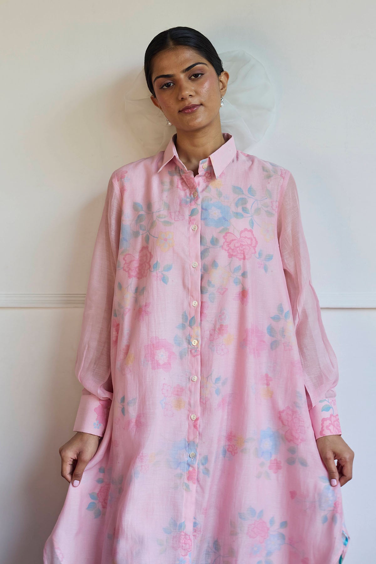 Pink Chanderi Long Shirt & Pants