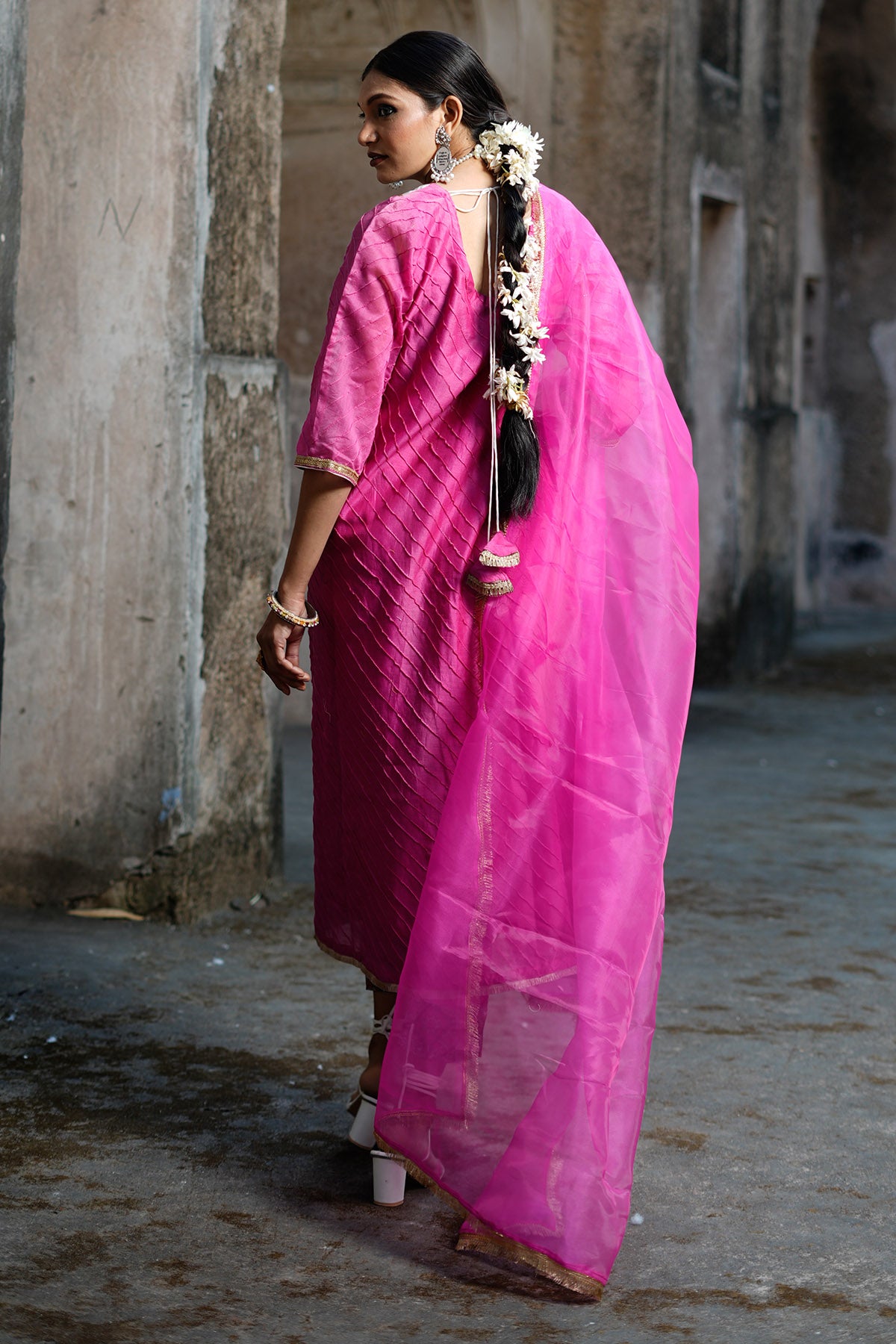 Pink Chanderi Pintuck Kurta Set