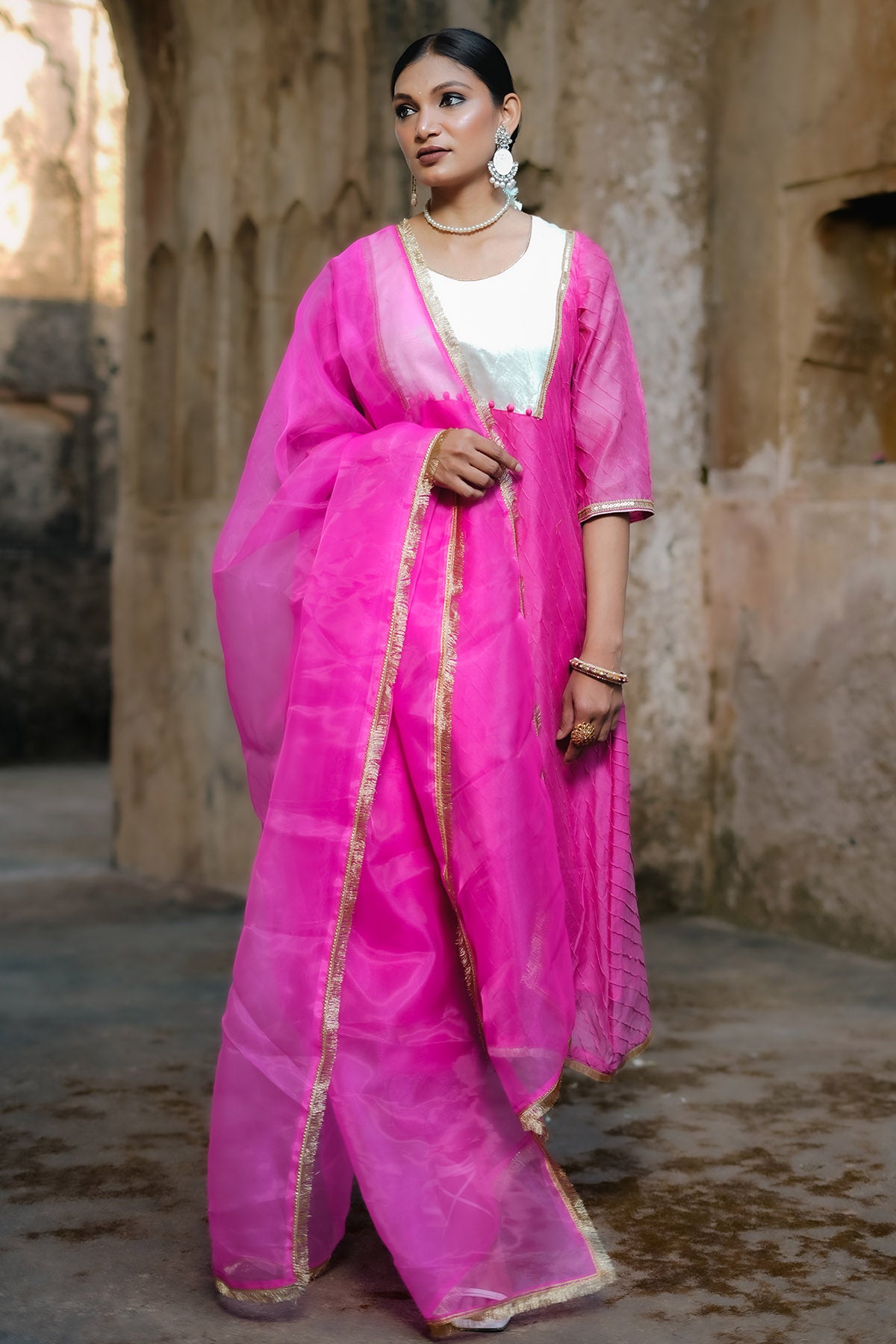 Pink Chanderi Pintuck Kurta Set