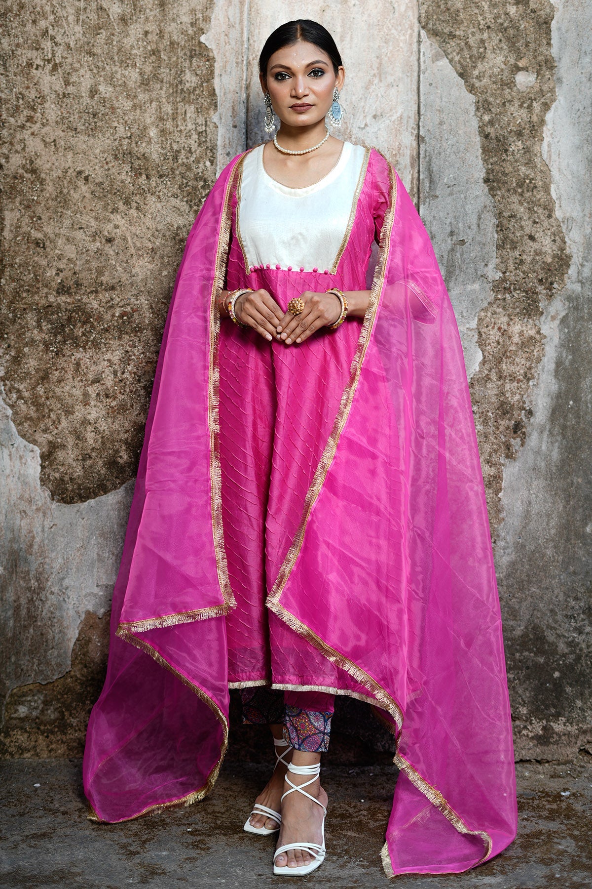 Buy Pink Chanderi Pintuck Kurta Set for women by Charu Bhaskar online available at scrollnshops