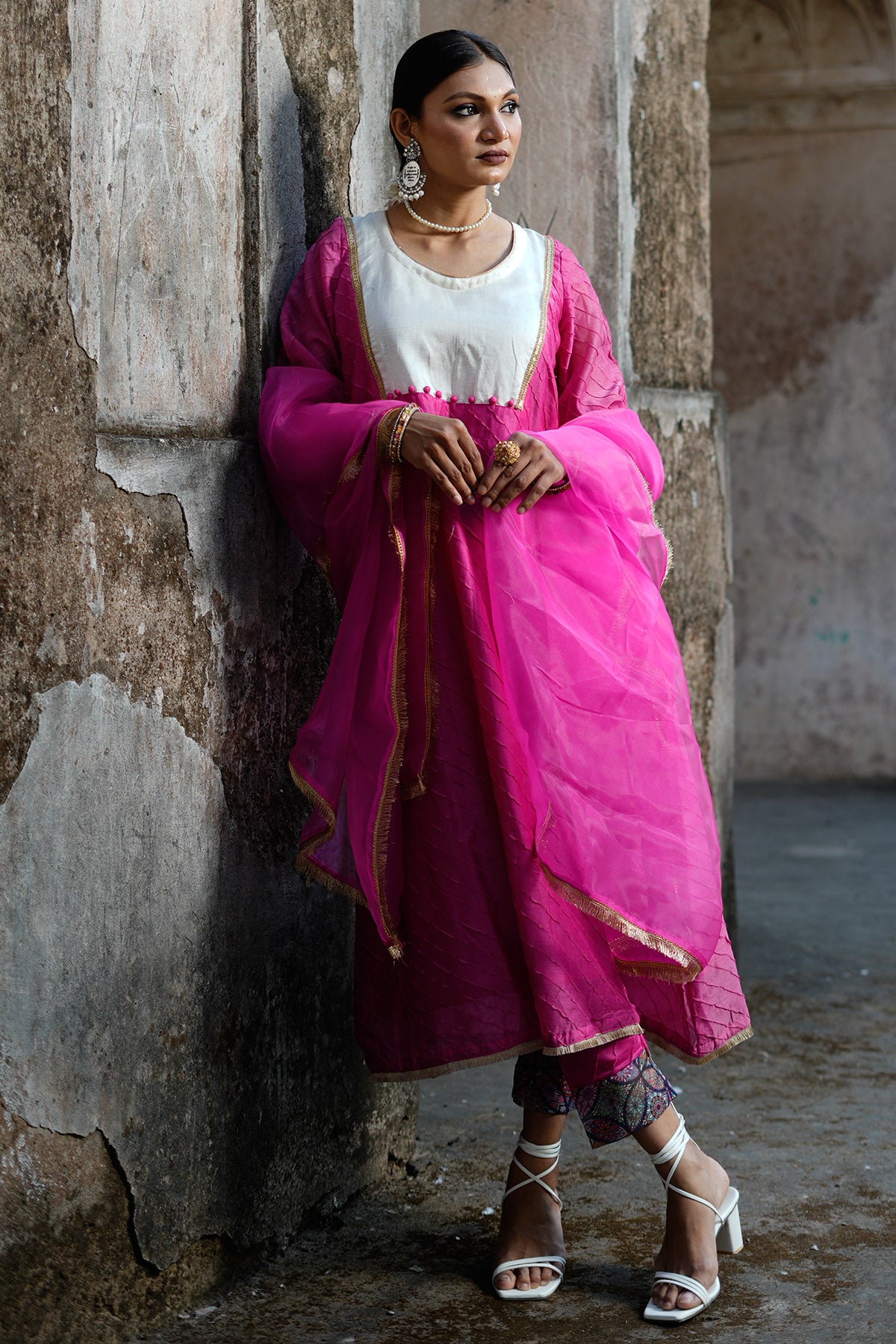 Pink Chanderi Pintuck Kurta Set