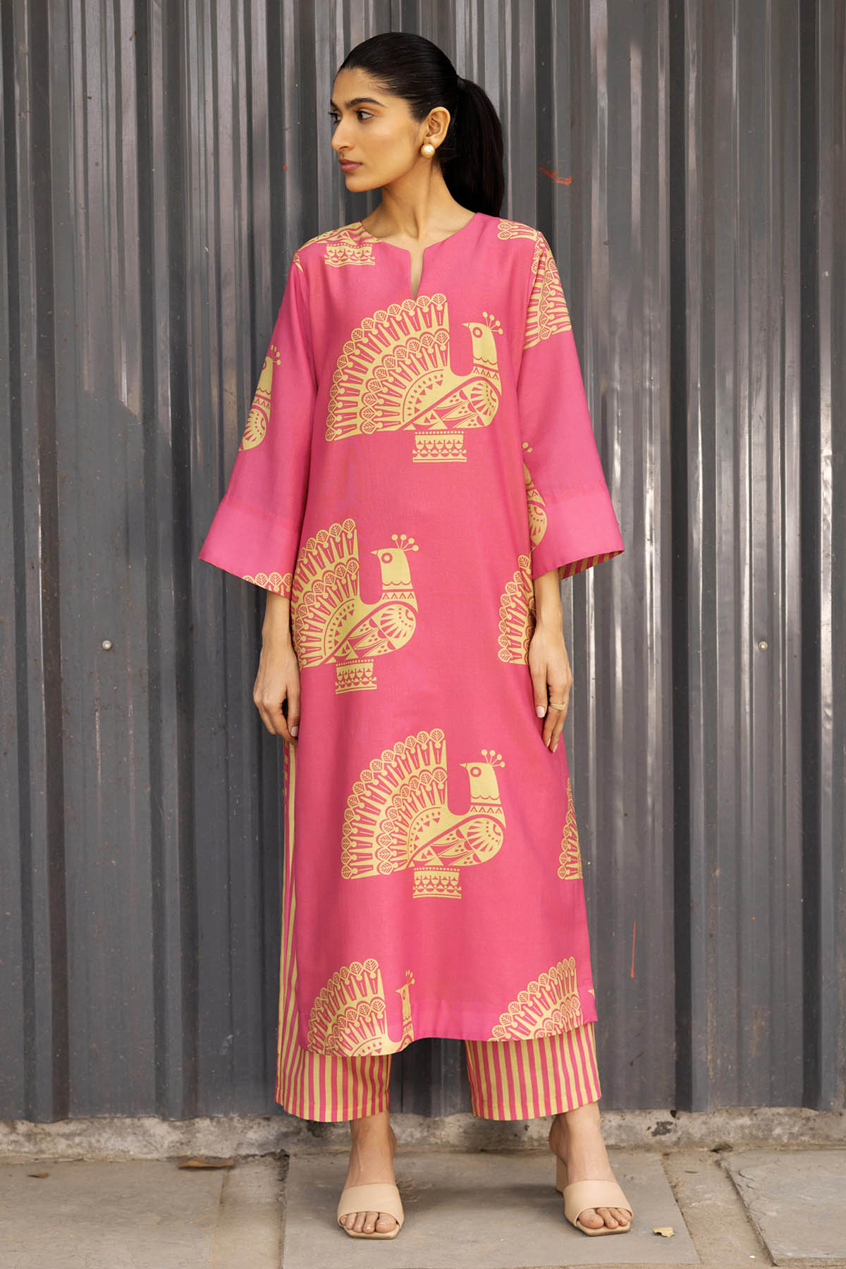 Label Shreya Sharma Pink Chanderi Printed Kurta Set for women online at ScrollnShops