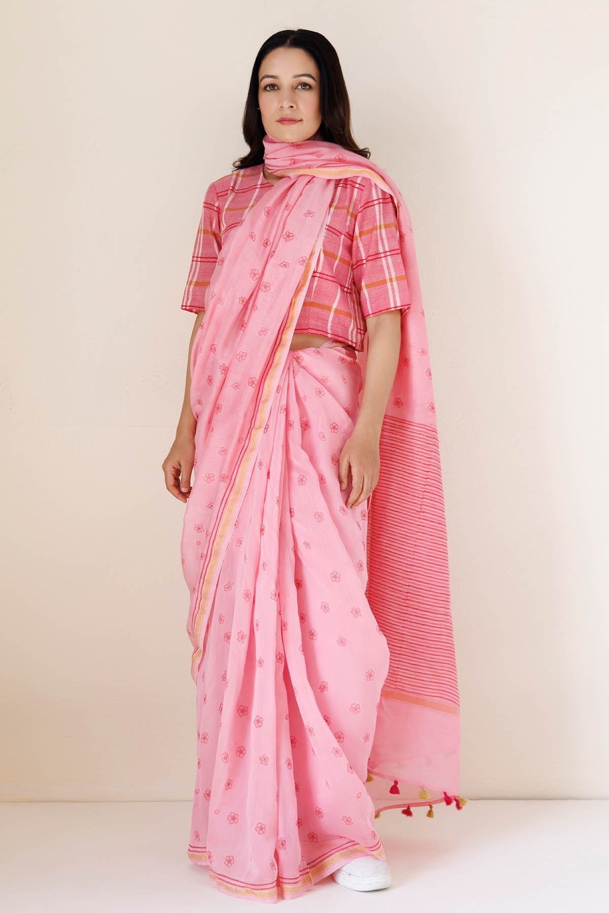 Buy Pink Chanderi Printed Saree by Label Surabhi Raj for women online at ScrollnShops