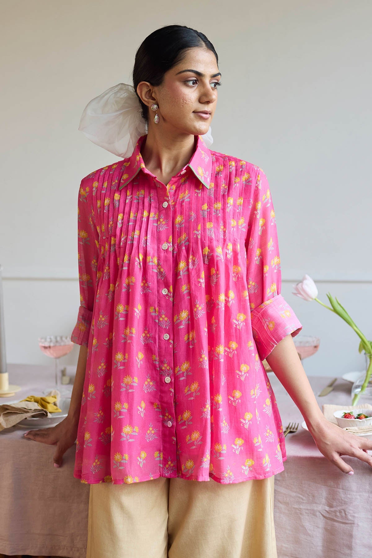 Buy Pink Chanderi Relaxed Fit Shirt by Juanita by Shubhda for women online at ScrollnShops