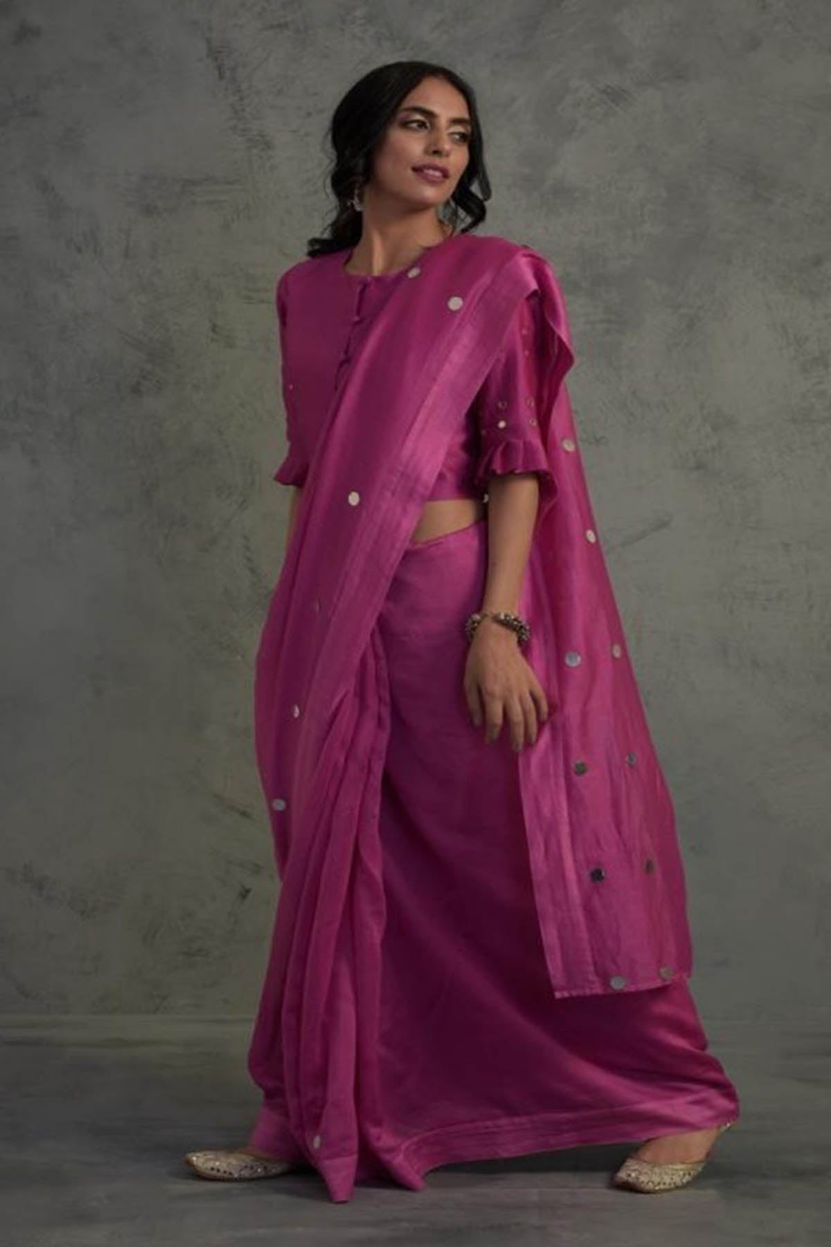 Buy Pink Chanderi Saree & Blouse by Charkhee for women online at ScrollnShops